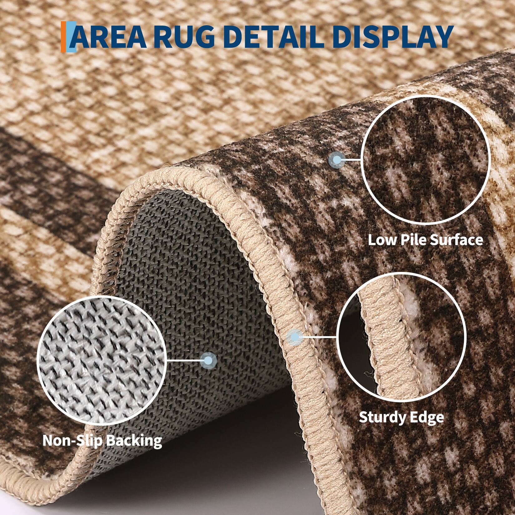AREA RUG DETAIL DISPLAY

- Low Pile Surface
- Non-Slip Backing
- Sturdy Edge