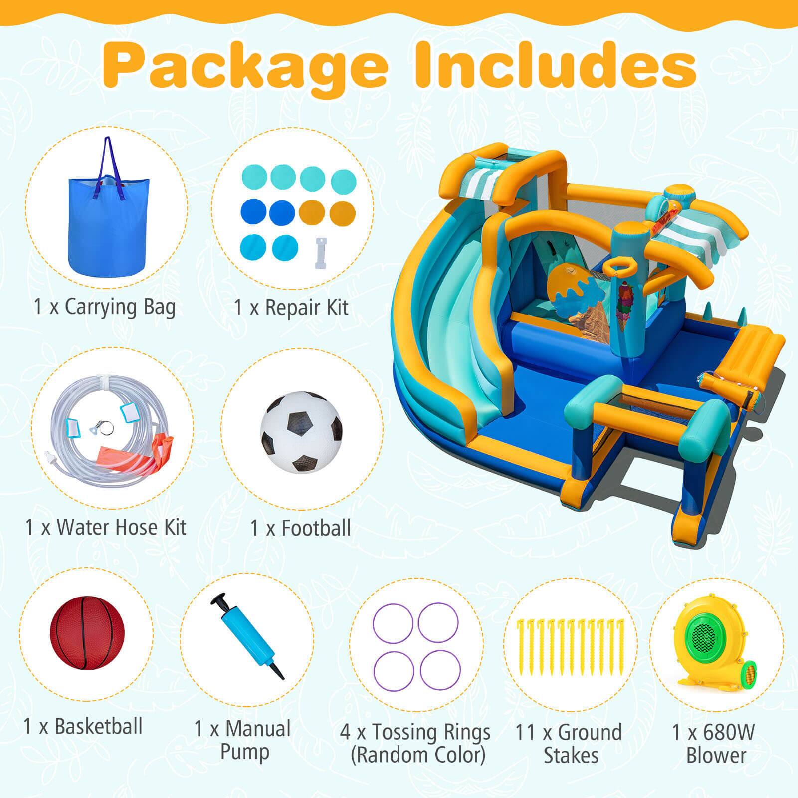 Package Includes

1 x Carrying Bag  
1 x Repair Kit  
1 x Water Hose Kit  
1 x Football  
1 x Basketball  
1 x Manual Pump  
4 x Tossing Rings (Random Color)  
11 x Ground Stakes  
1 x 680W Blower