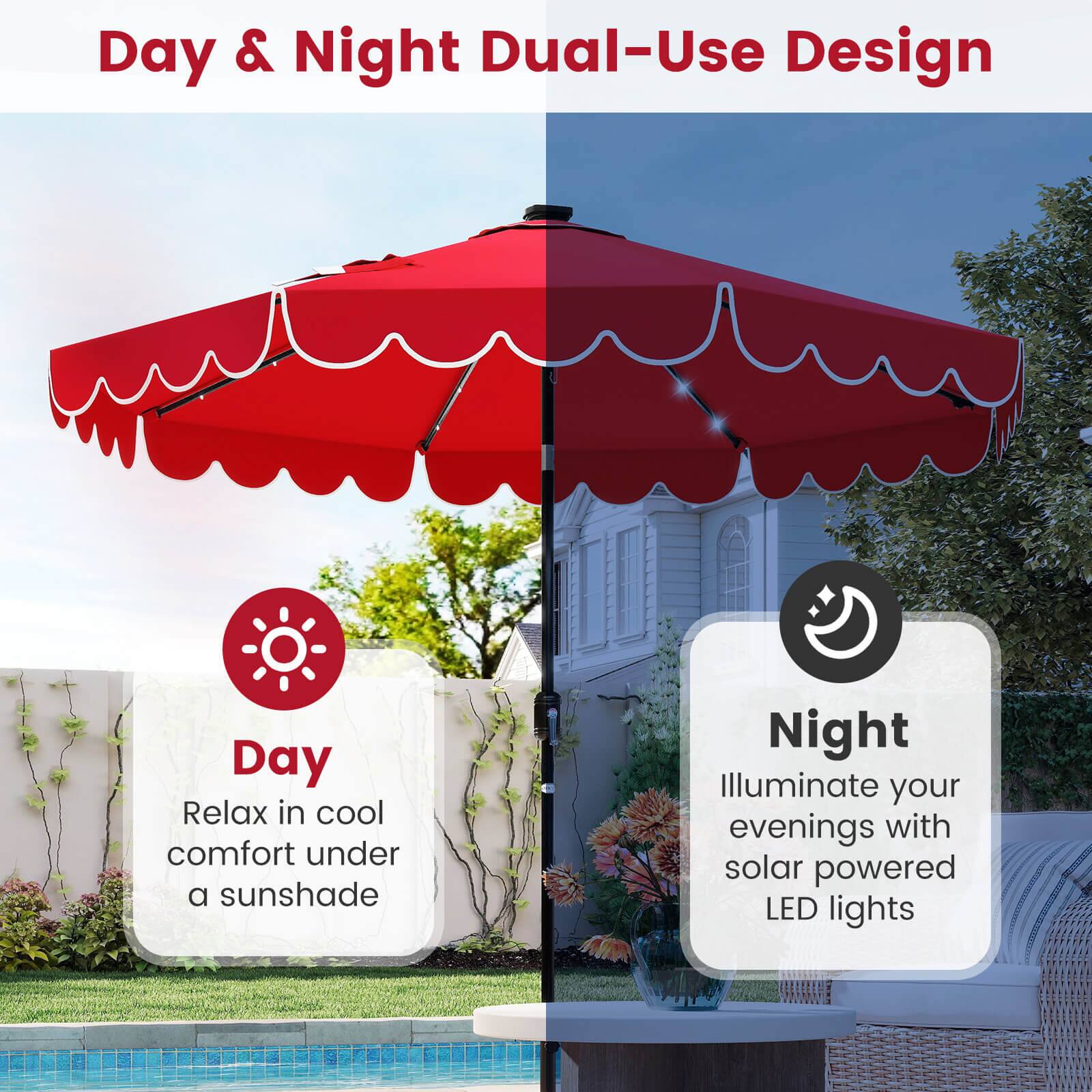 Day & Night Dual-Use Design:

Day:

1. Relax in cool comfort under a sunshade.
2. Illuminate your evenings with solar powered LED lights.

Night:

1. Illuminate your evenings with solar powered LED lights.
2. Relax in cool comfort under a sunshade.
