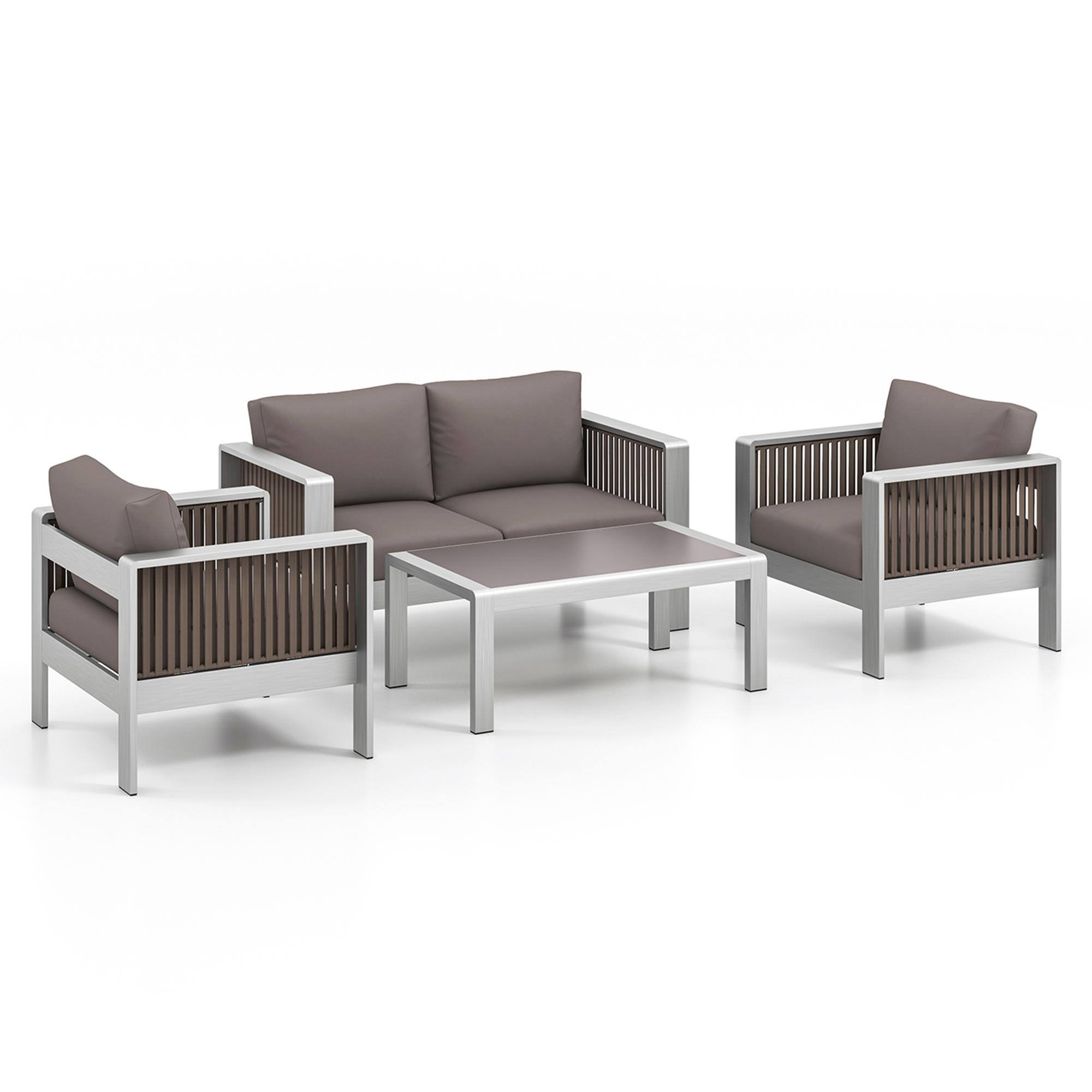 Alt View 5. Gymax - Gymax 4 PCS Aluminum Patio Furniture Set w/ Thick Cushions & Tempered Glass Tabletop - Gray.