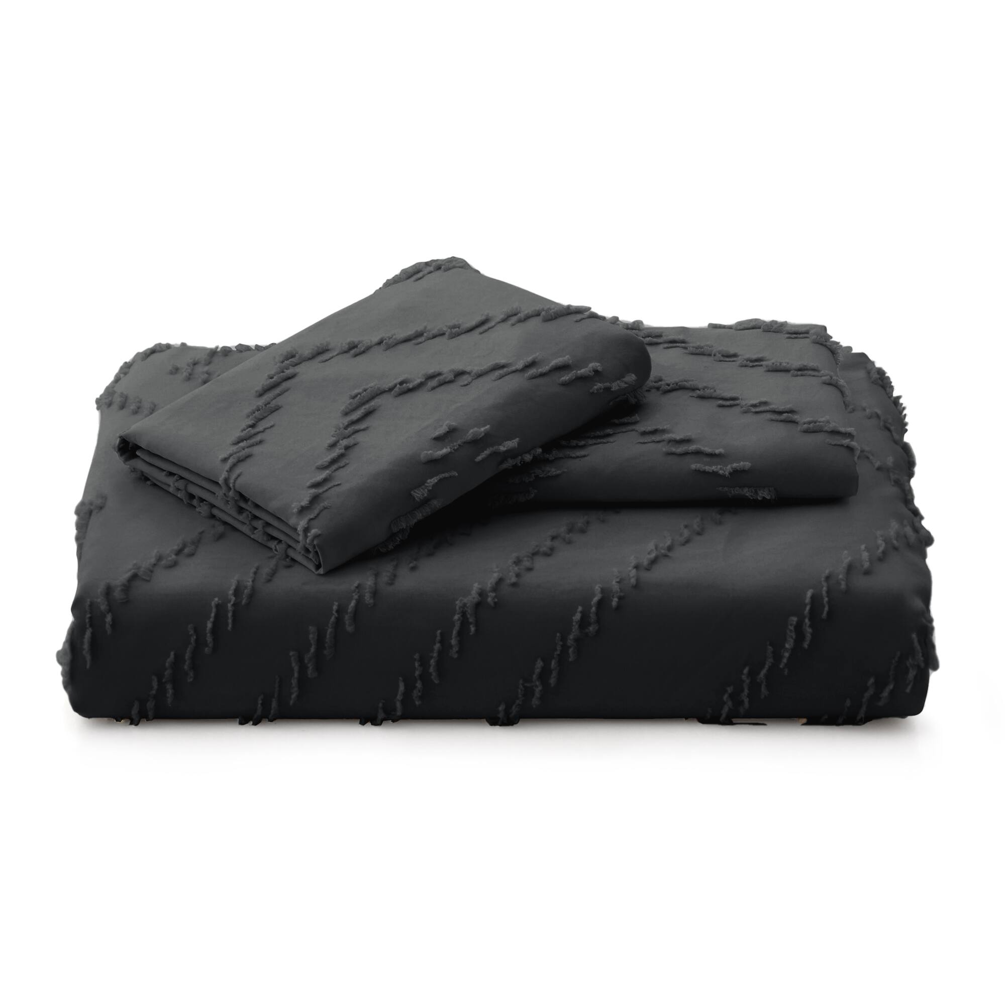 Back. Peace Nest - Peace Nest Tufted Clipped Jacquard Geometric Duvet Cover & Pillowcase Set - Wave Black.