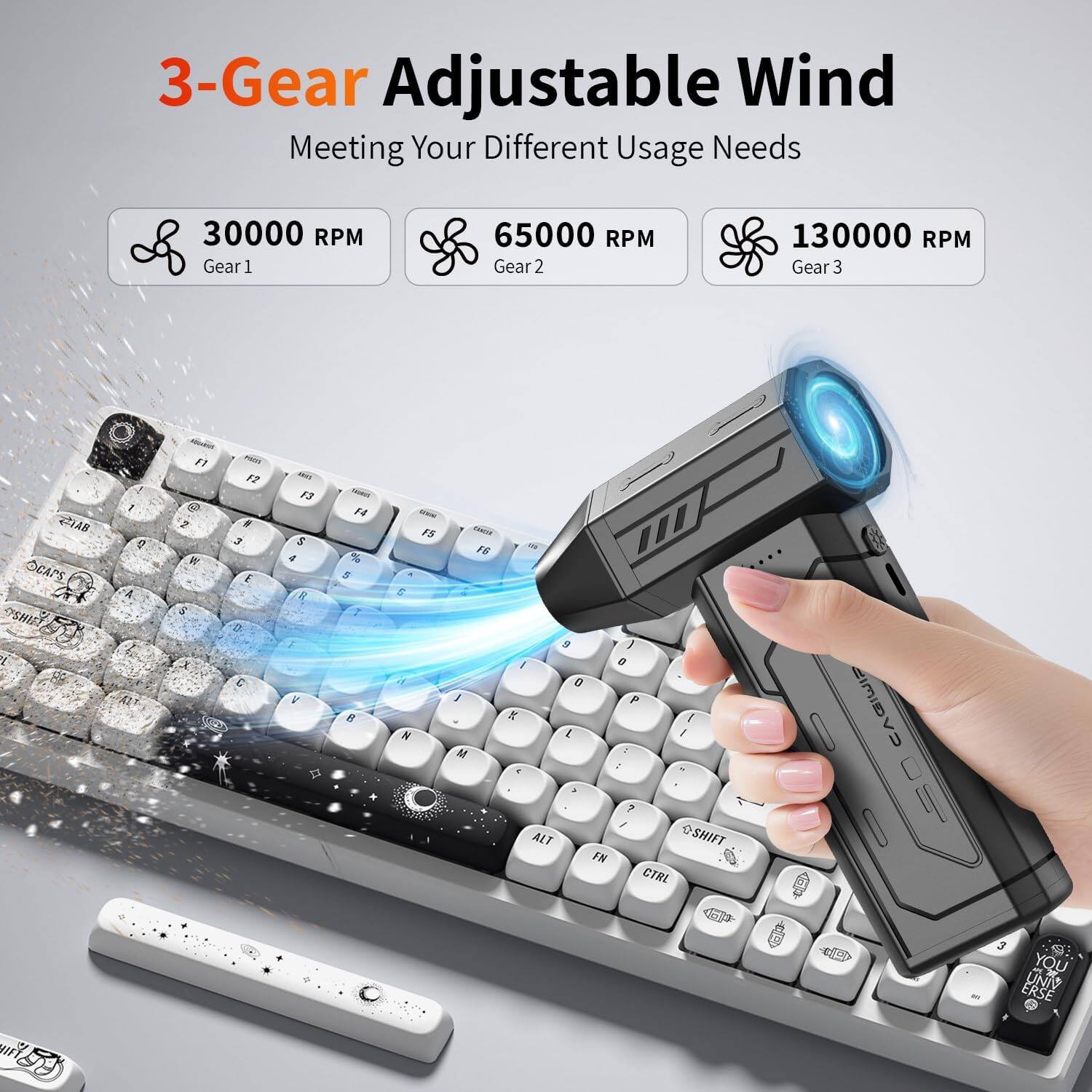 3-Gear Adjustable Wind Meeting Your Different Usage Needs

30000 RPM Gear 1
65000 RPM Gear 2
130000 RPM Gear 3

3 1 CIAB CT OCAPS A Batanzo i ALT
Absobook ET 2 IV S
PASS F2 I 3 E 13 C
MICS F3 $ 4 R. V
F4 % 5 7 8
USE F5 A S 
xxxxx F6 1 M
Ide 9 ) I 0 0 P X 1 L we 2 : #1  > ? / ALT OSHIFT FN CTRL

LIMIDAD

3 YOU 20 ERSE UNIV