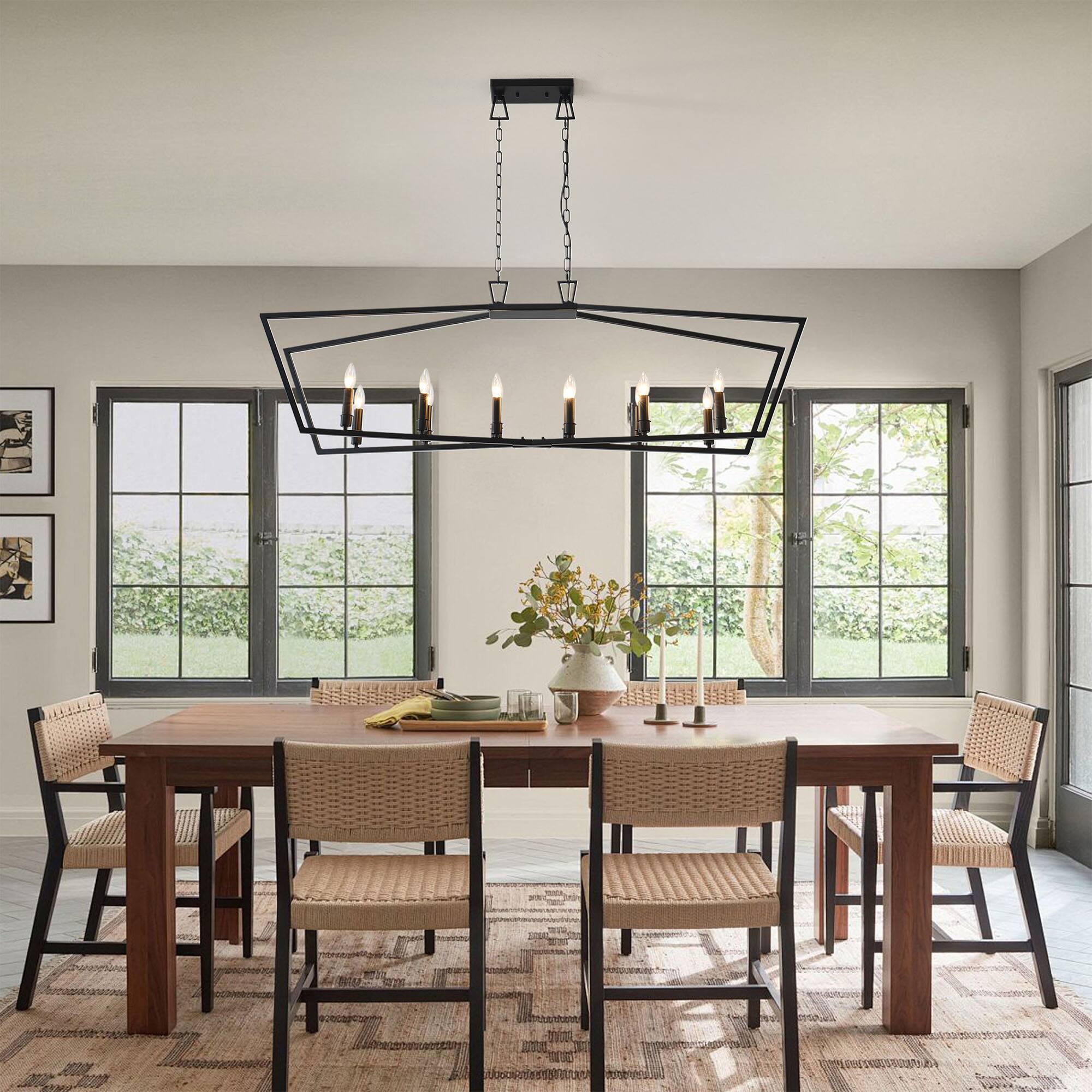 Left. RYHNUYNE - 12-Light Kitchen Island Linear Chandelier, Large Farmhouse Chandelier for Dining Room, Industrial Pendant Light Fixture - Black.