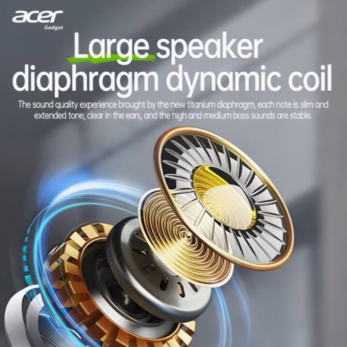 Acer Gadget  
Large speaker diaphragm dynamic coil  

The sound quality experience brought by the new titanium diaphragm, each note is slim and extended tone, clear in the ears, and the high and medium bass sounds are stable.