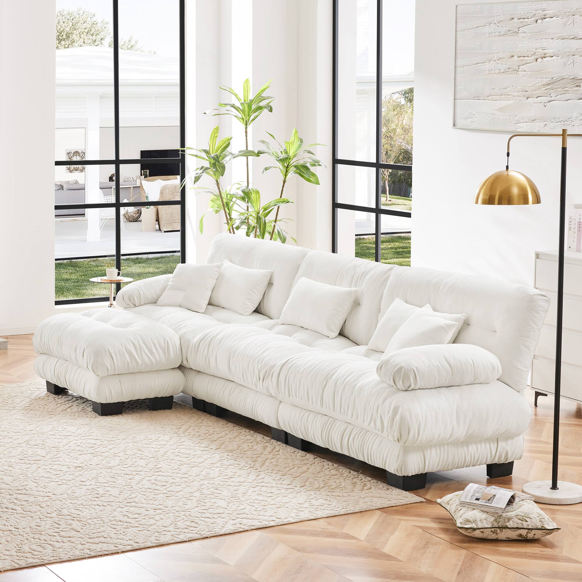 Angle. LOVMOR - L Shaped Modular Deep Seat Chenille Sectional Couch Storage Ottoman Compressed Pack For Living Room Plush Cozy - White.