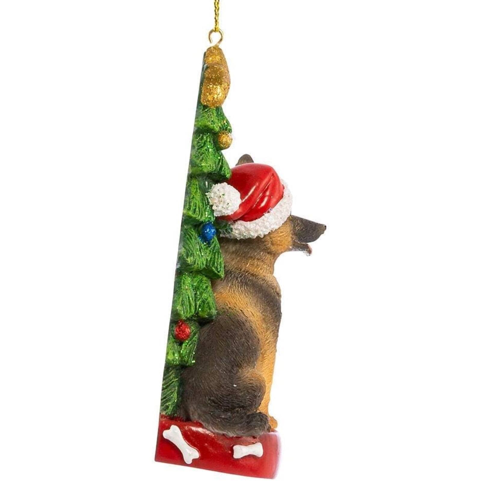 Angle. Kurt S Adler - Kurt Adler German Shepherd Dog Wearing Santa Hat with Christmas Tree Resin Ornament 4.25 inch - Multicolor.