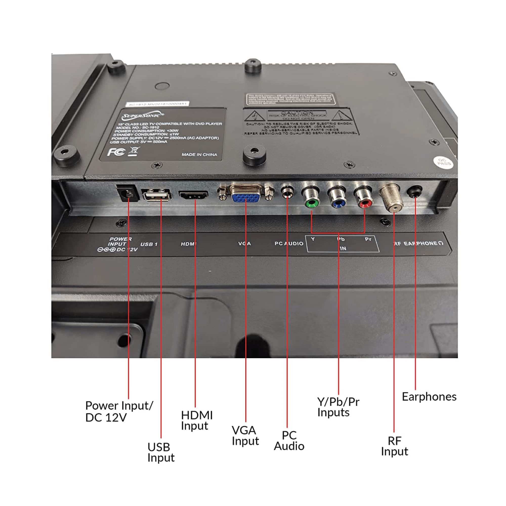 Sure, here is the corrected and grouped text:
---
**Power Input/ DC 12V**
**USB Input**
**HDMI Input**
**VGA Input**
**PC Audio Input**
**Y/Pb/Pr Inputs**
**RF Input**
**Earphones**
---
**Specifications:**
- **IP CLASS LED TV COMPATIBLE WITH DVD PLAYER**
- **POWER SUPPLY: DC 12V 2000MA ADAPTOR**
- **POWER CONSUMPTION: 30W**
- **OUTPUT: 100W 220V 50/60Hz**
- **MADE IN CHINA**
---
**Warning:**
- **TO REDUCE THE RISK OF ELECTRIC SHOCK, DO NOT EXPOSE THIS APPLIANCE TO RAIN OR MOISTURE.**
- **DO NOT USE THIS APPLIANCE FOR ANY PURPOSE OTHER THAN ITS INTENDED USE.**
- **DO NOT PLACE THIS APPLIANCE ON A WOOL OR OTHER FLAMMABLE SURFACE.**
- **DO NOT PLACE THIS APPLIANCE ON A WOOL OR OTHER FLAMMABLE SURFACE.**
- **DO NOT PLACE THIS APPLIANCE ON