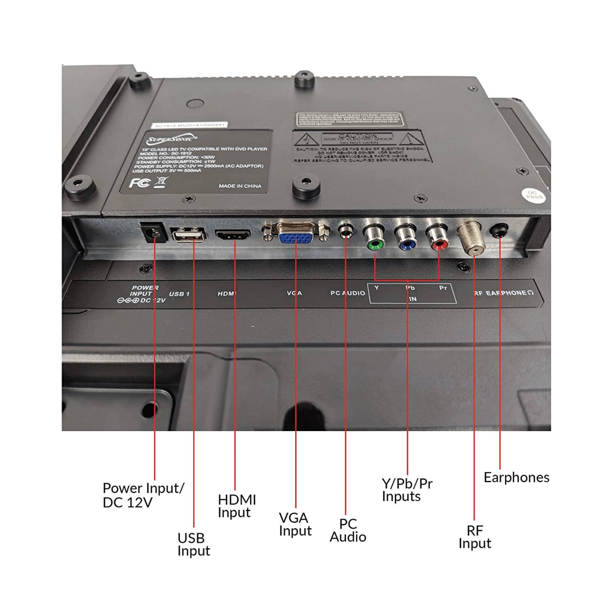 Sure, here is the corrected and grouped text:

---

**Power Input/ DC 12V**

**USB Input**

**HDMI Input**

**VGA Input**

**PC Audio Input**

**Y/Pb/Pr Inputs**

**RF Input**

**Earphones**

---

**Specifications:**

- **IP CLASS LED TV COMPATIBLE WITH DVD PLAYER**
- **POWER SUPPLY: DC 12V 2000MA ADAPTOR**
- **POWER CONSUMPTION: 30W**
- **OUTPUT: 100W 220V 50/60Hz**
- **MADE IN CHINA**

---

**Warning:**

- **TO REDUCE THE RISK OF ELECTRIC SHOCK, DO NOT EXPOSE THIS APPLIANCE TO RAIN OR MOISTURE.**
- **DO NOT USE THIS APPLIANCE FOR ANY PURPOSE OTHER THAN ITS INTENDED USE.**
- **DO NOT PLACE THIS APPLIANCE ON A WOOL OR OTHER FLAMMABLE SURFACE.**
- **DO NOT PLACE THIS APPLIANCE ON A WOOL OR OTHER FLAMMABLE SURFACE.**
- **DO NOT PLACE THIS APPLIANCE ON