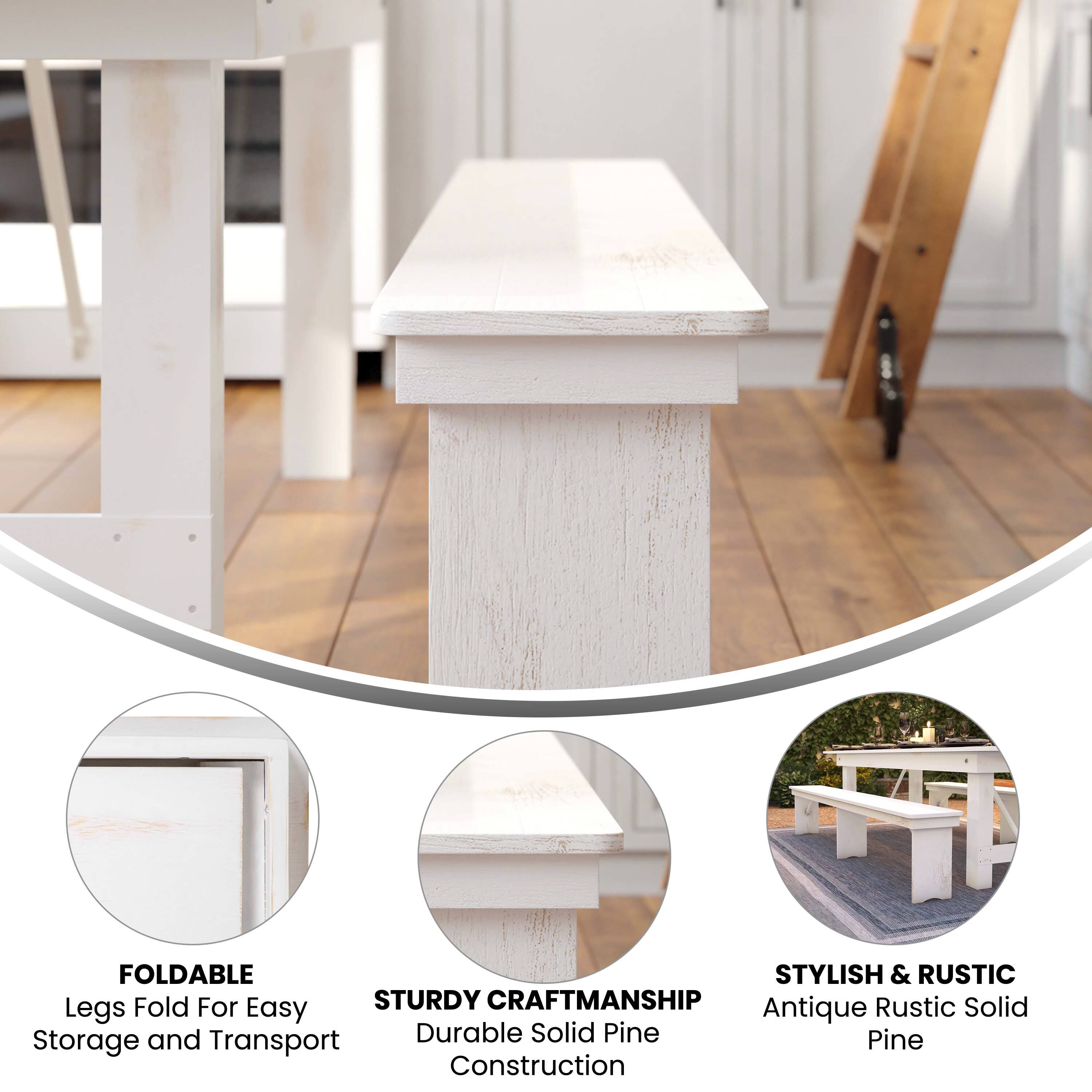 FOLDABLE  
Legs Fold For Easy Storage and Transport  

STURDY CRAFTSMANSHIP  
Durable Solid Pine Construction  

STYLISH & RUSTIC  
Antique Rustic Solid Pine
