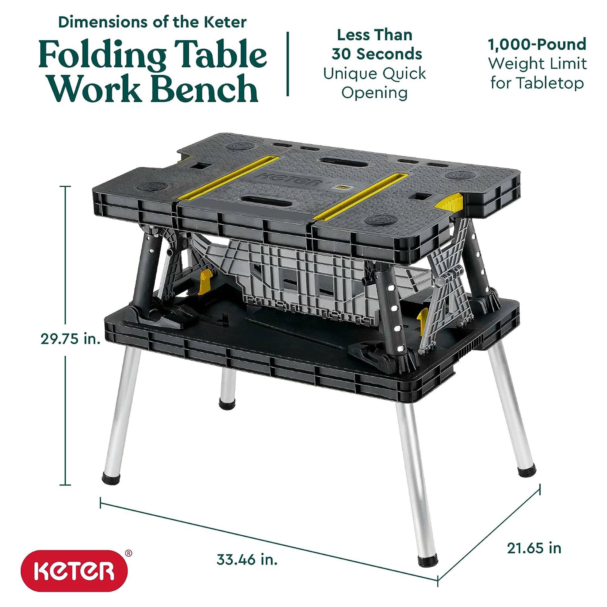 Dimensions of the Keter Folding Table Work Bench

- Less Than 30 Seconds Unique Quick Opening
- 1,000-Pound Weight Limit for Tabletop

Dimensions:
- 29.75 in. (Height)
- 33.46 in. (Length)
- 21.65 in. (Width)