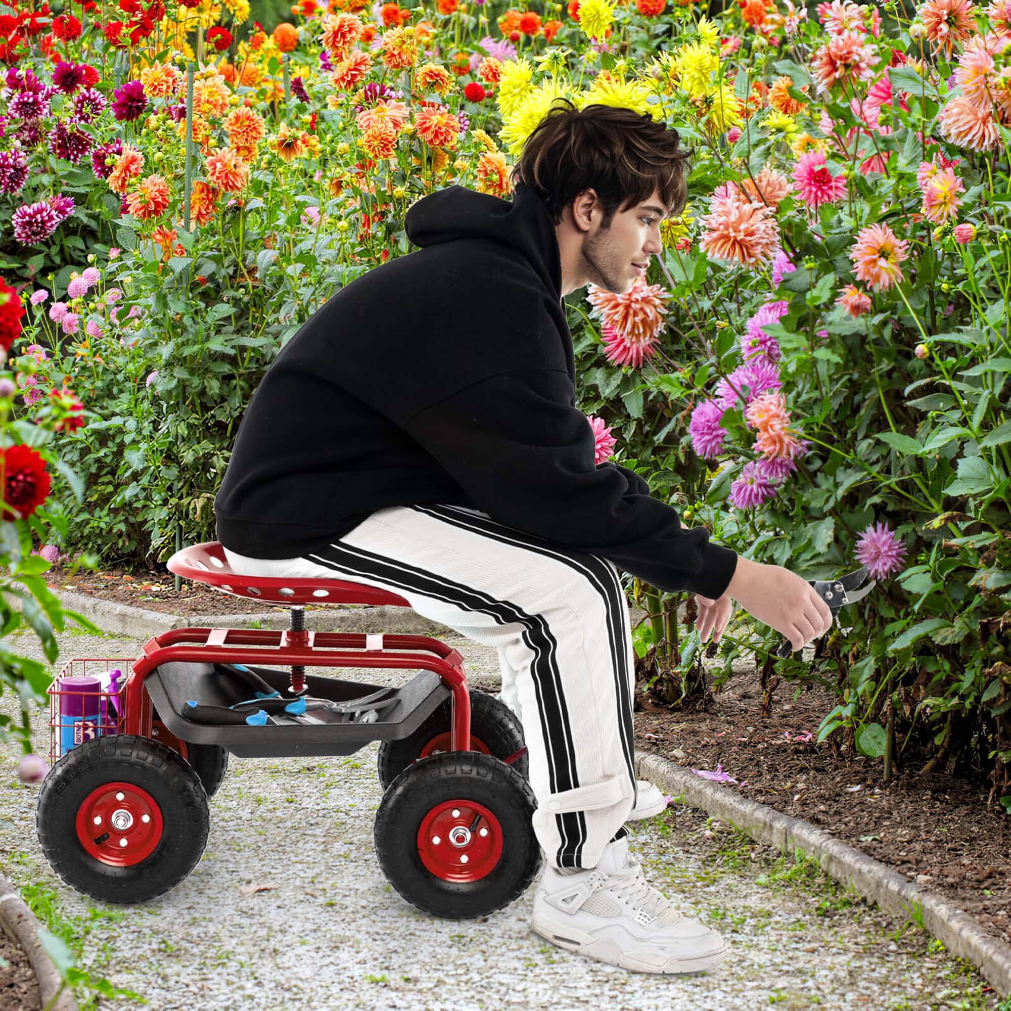 Alt View 3. Costway - Costway Garden Cart Patio Wagon Rolling Work Seat with Tool Tray Basket Planting - Red.