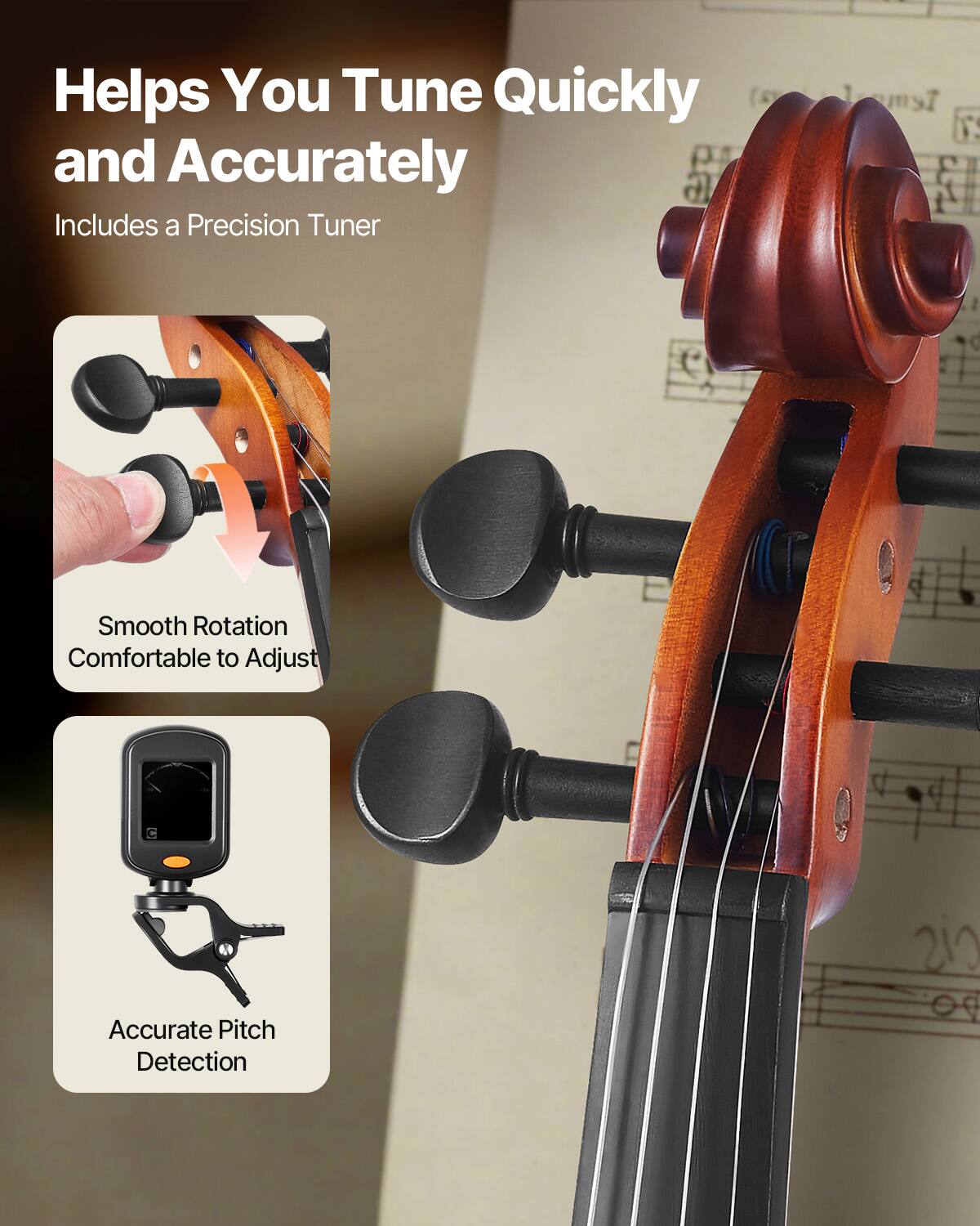 Helps You Tune Quickly and Accurately  
Includes a Precision Tuner  

Smooth Rotation  
Comfortable to Adjust  

Accurate Pitch Detection