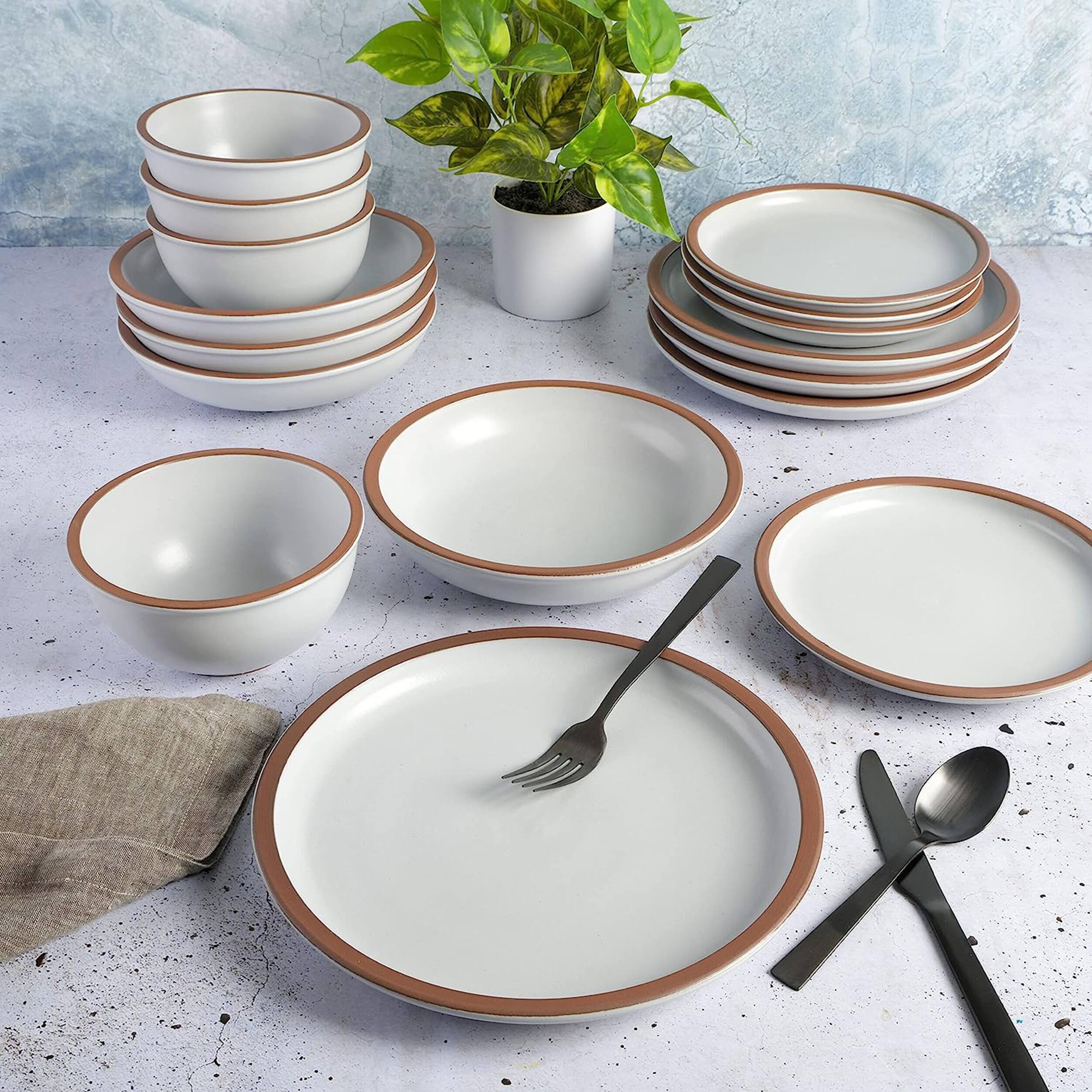 Alt View 4. Gibson - Soho Lounge Lagos 16 Piece Terracotta Double Bowl Dinnerware Set in Solid Matte White - White.