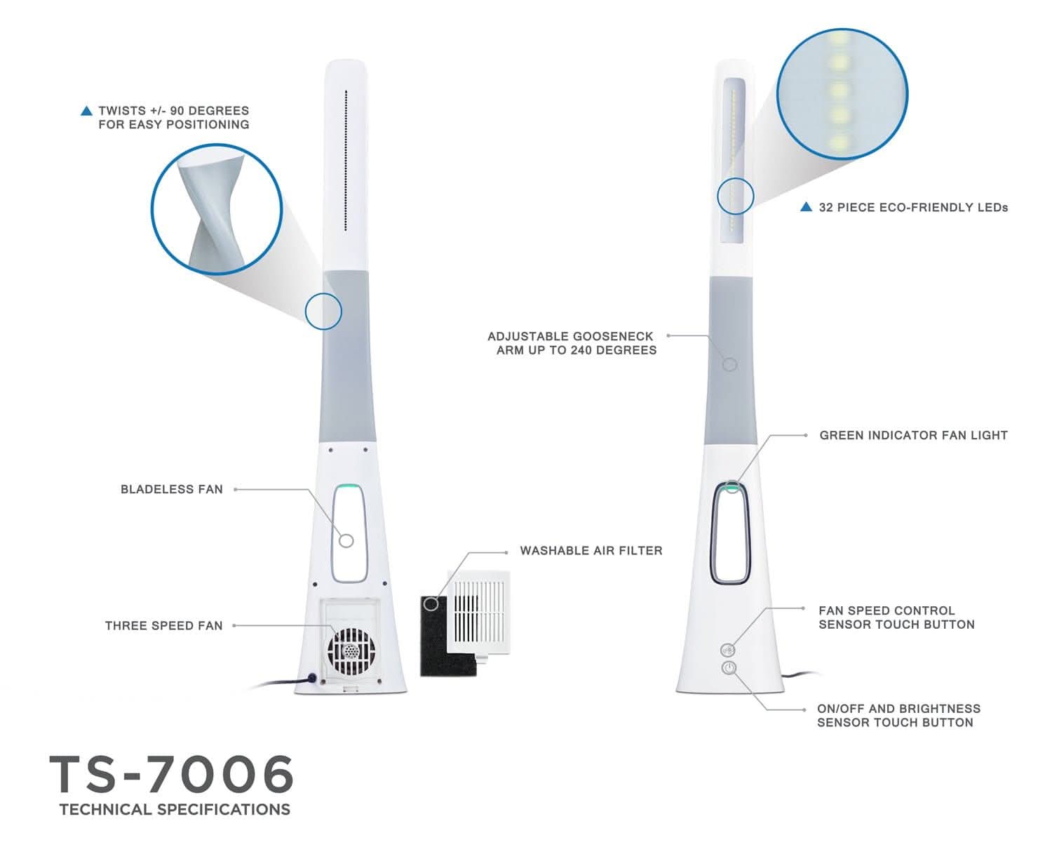 TWISTS +/- 90 DEGREES FOR EASY POSITIONING  
32 PIECE ECO-FRIENDLY LEDs  
ADJUSTABLE GOOSENECK ARM UP TO 240 DEGREES  
GREEN INDICATOR FAN LIGHT  
BLADELESS FAN  
WASHABLE AIR FILTER  
THREE SPEED FAN  
FAN SPEED CONTROL SENSOR TOUCH BUTTON  
ON/OFF AND BRIGHTNESS SENSOR TOUCH BUTTON  

TS-7006  
TECHNICAL SPECIFICATIONS