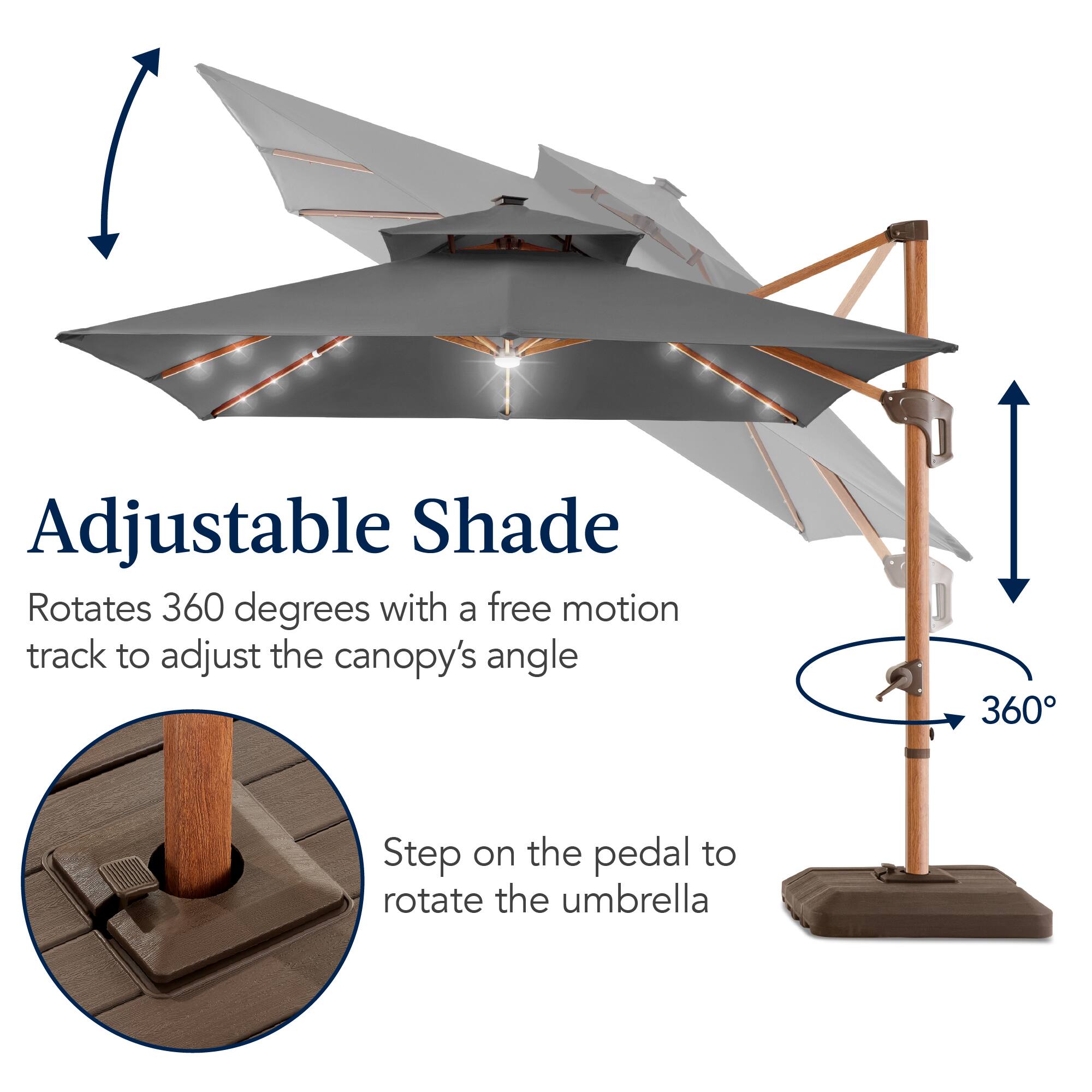 Adjustable Shade Rotates 360 degrees with a free motion track to adjust the canopy's angle. Step on the pedal to rotate the umbrella.