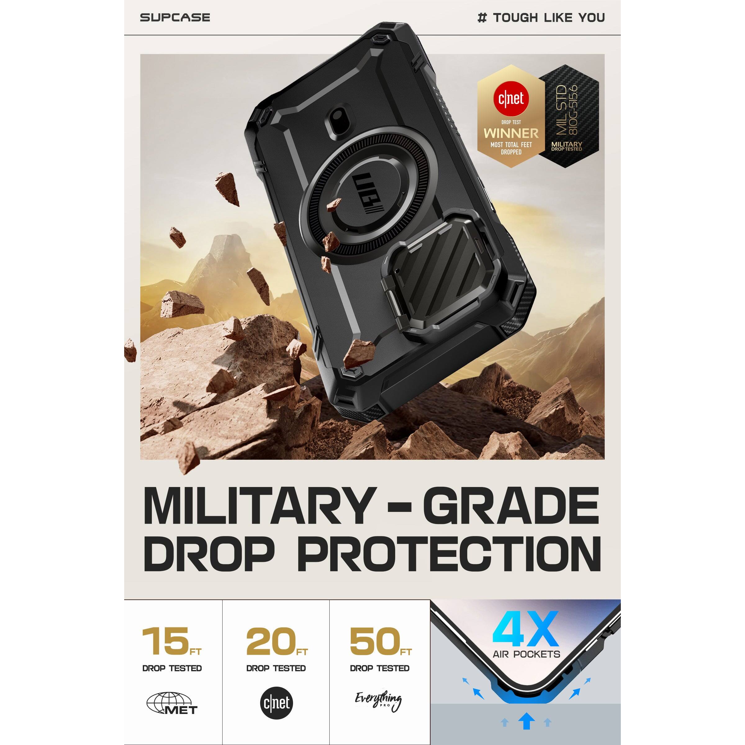 SUPCASE

# TOUGH LIKE YOU

MILITARY - GRADE DROP PROTECTION

15 FT DROP TESTED
20 FT DROP TESTED
50 FT DROP TESTED

4X AIR POCKETS

cnet DROP TEST WINNER
MOST TOTAL FEET DROPPED

MILITARY GRADE

cnet
MIL STD-810G
MOB-556

MET
Everything