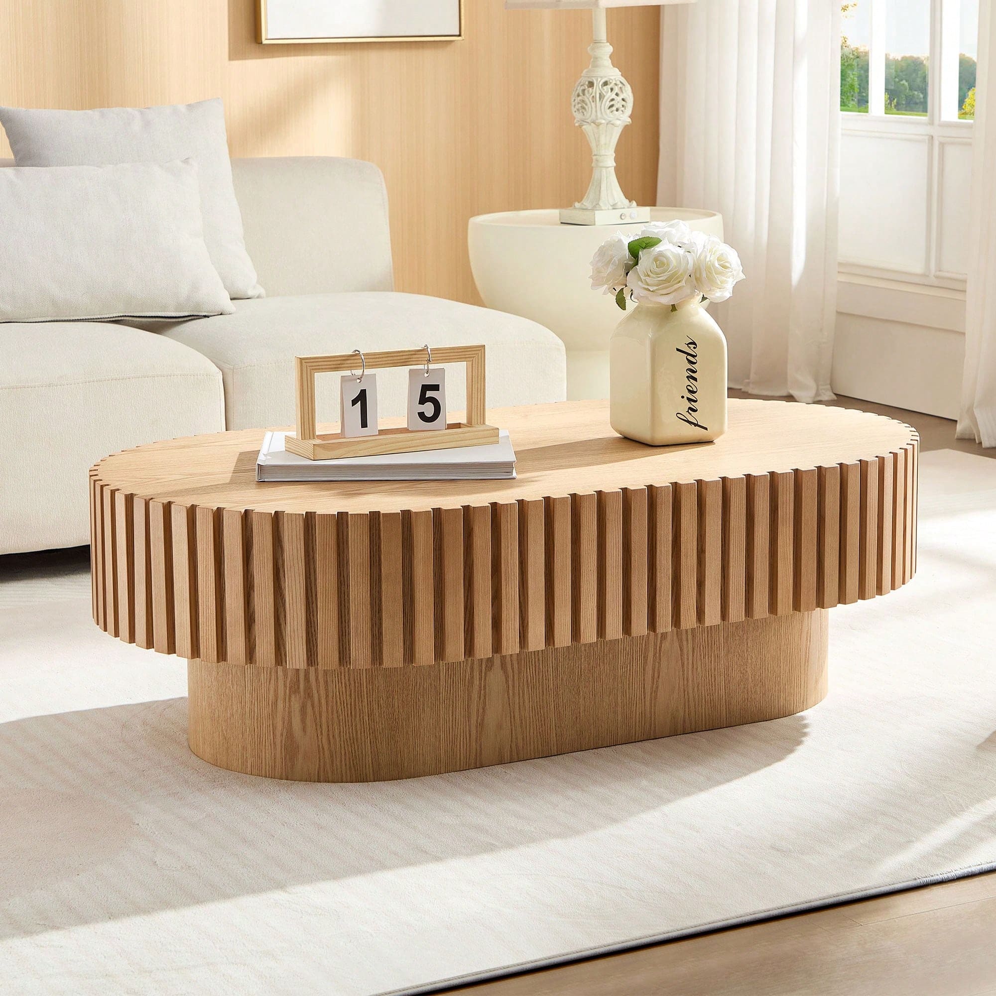 Trinkets Crazed - Round Fluted Coffee Table, Mid Century Modern Irregular Large 43.7 Inch Wood Drum Design - Natural