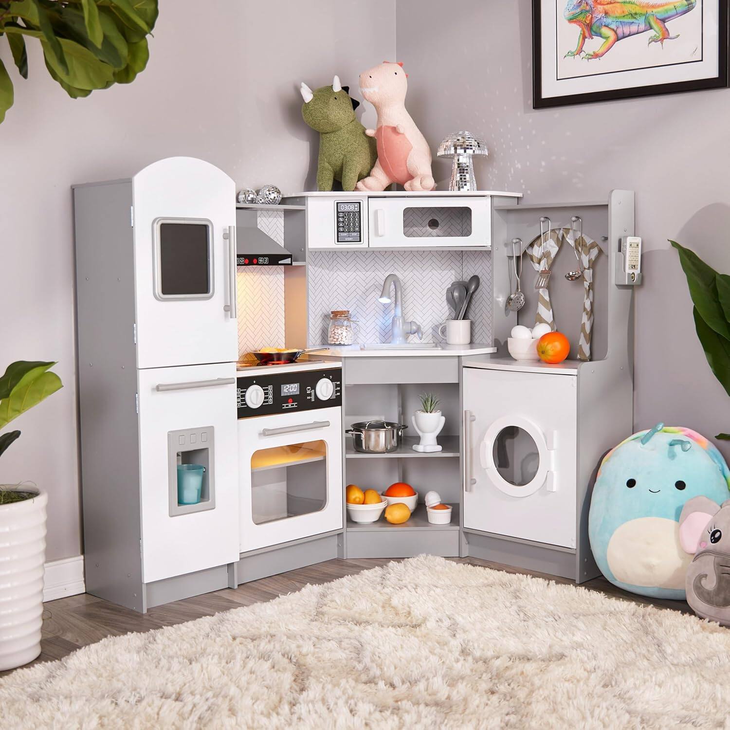 Alt View 7. Lil' Jumbl - Corner Kids Kitchen Playset, Pretend Kids Wooden Kitchen with Stovetop, Faucet & More - Gray - Grey.