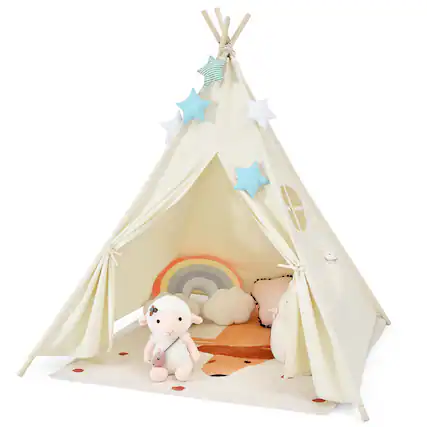 Front. Costway - Costway Kids Canvas Play Tent Foldable Playhouse Toys for Indoor Outdoor - Beige.