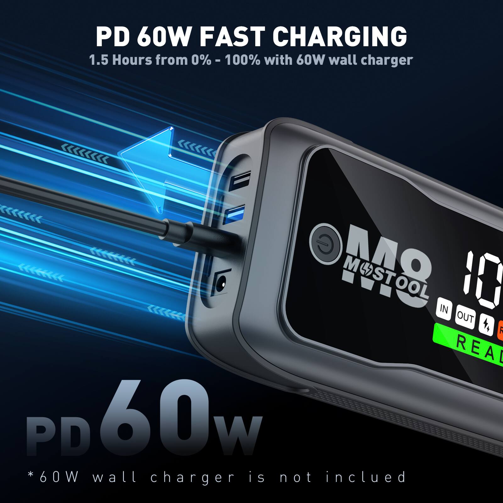 PD 60W FAST CHARGING  
1.5 Hours from 0% - 100% with 60W wall charger  

PD 60W  
*60W wall charger is not included