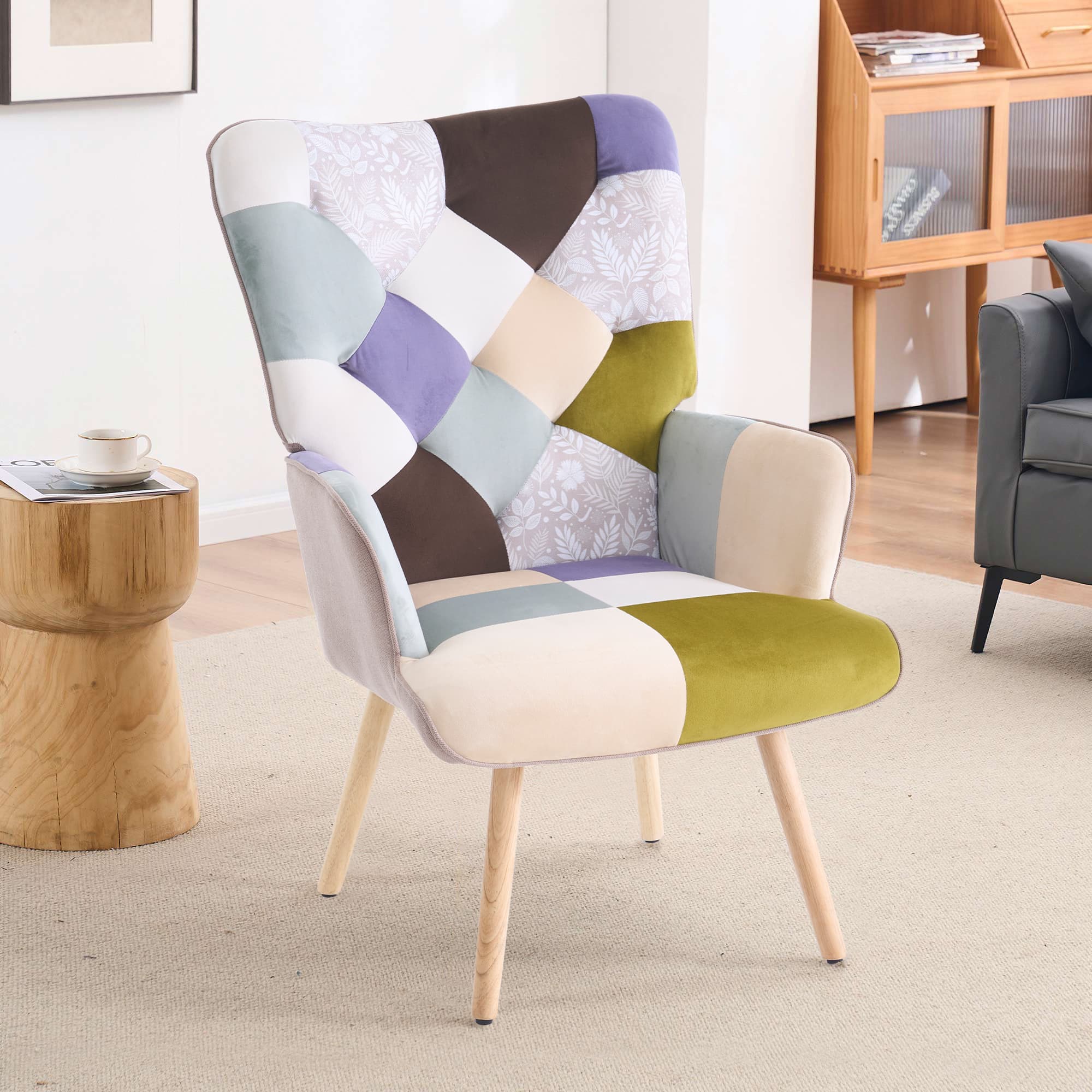 FERPIT - Patchwork Upholstered Wingback Accent Chair with Rubberwood Legs - Green price history on PriceWatchPro