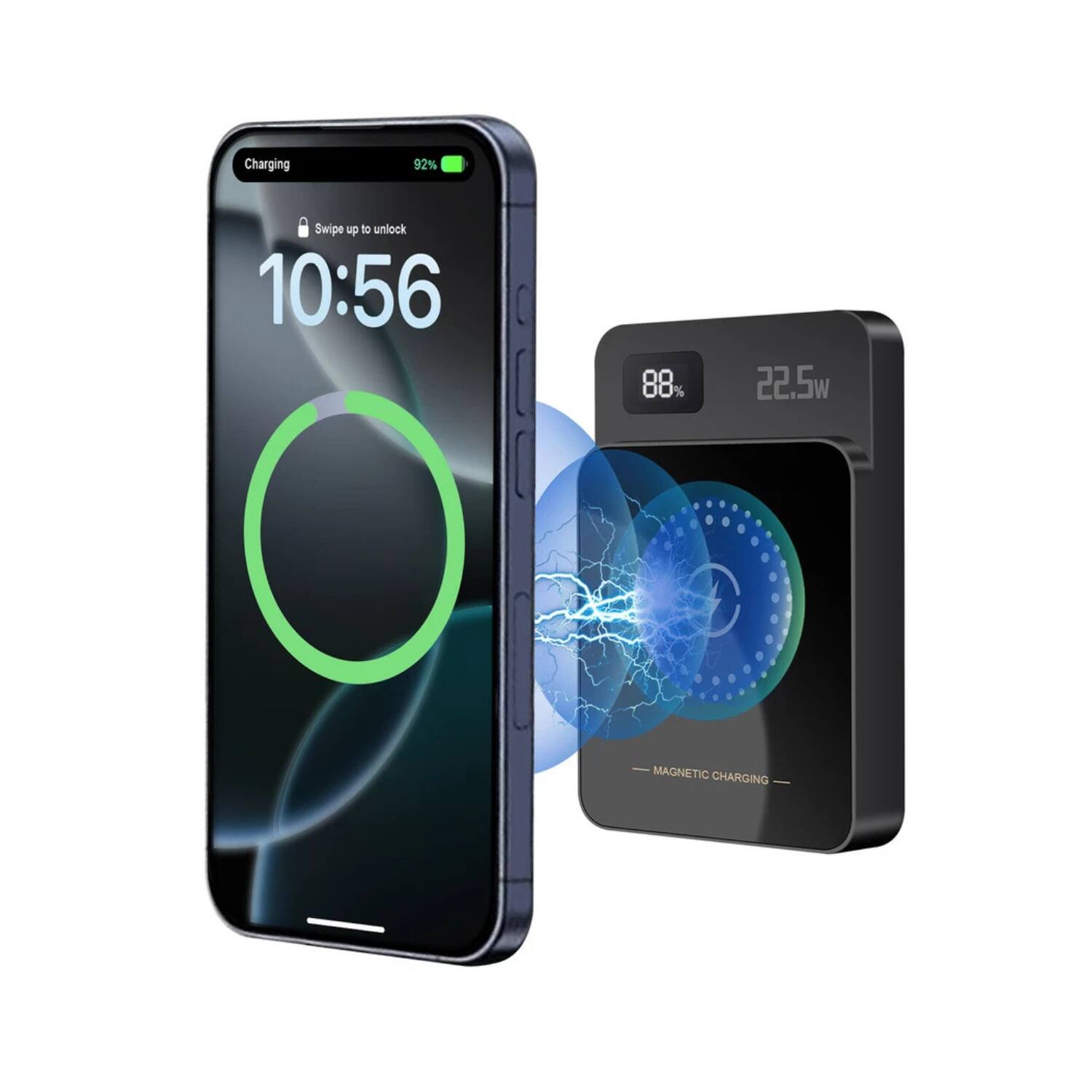 Charging  
92%  
Swipe up to unlock  
10:56  

88%  
22.5W  
MAGNETIC CHARGING