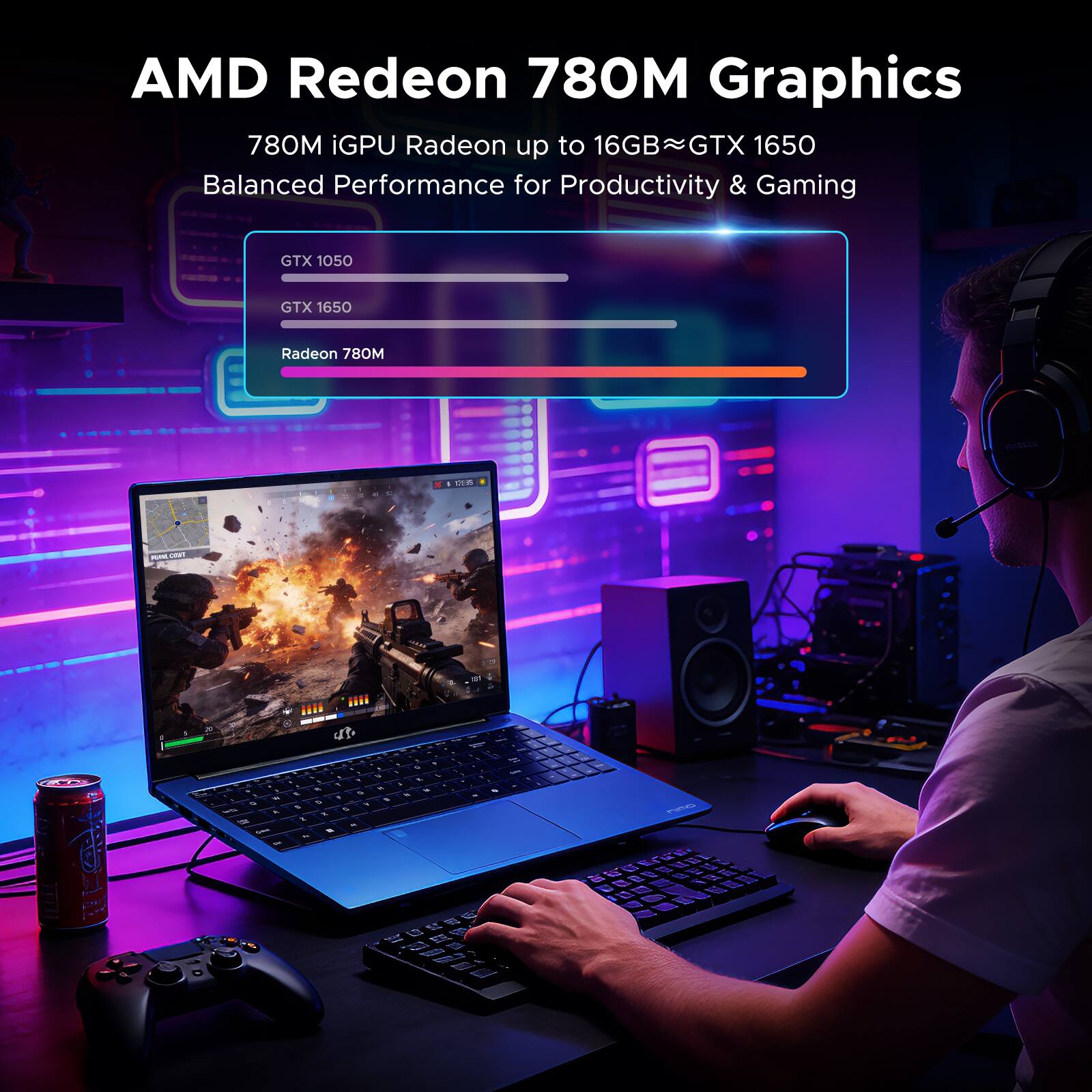 AMD Radeon 780M Graphics  
780M iGPU Radeon up to 16GB  
Balanced Performance for Productivity & Gaming  
GTX 1050  
GTX 1650  
Radeon 780M