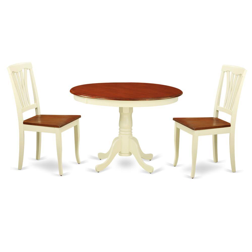 Left. East West Furniture - 3 Pc set with a Round Small Table and 2 Wood Dinette Chairs in Buttermilk and Cherry . - Buttermilk & Cherry.