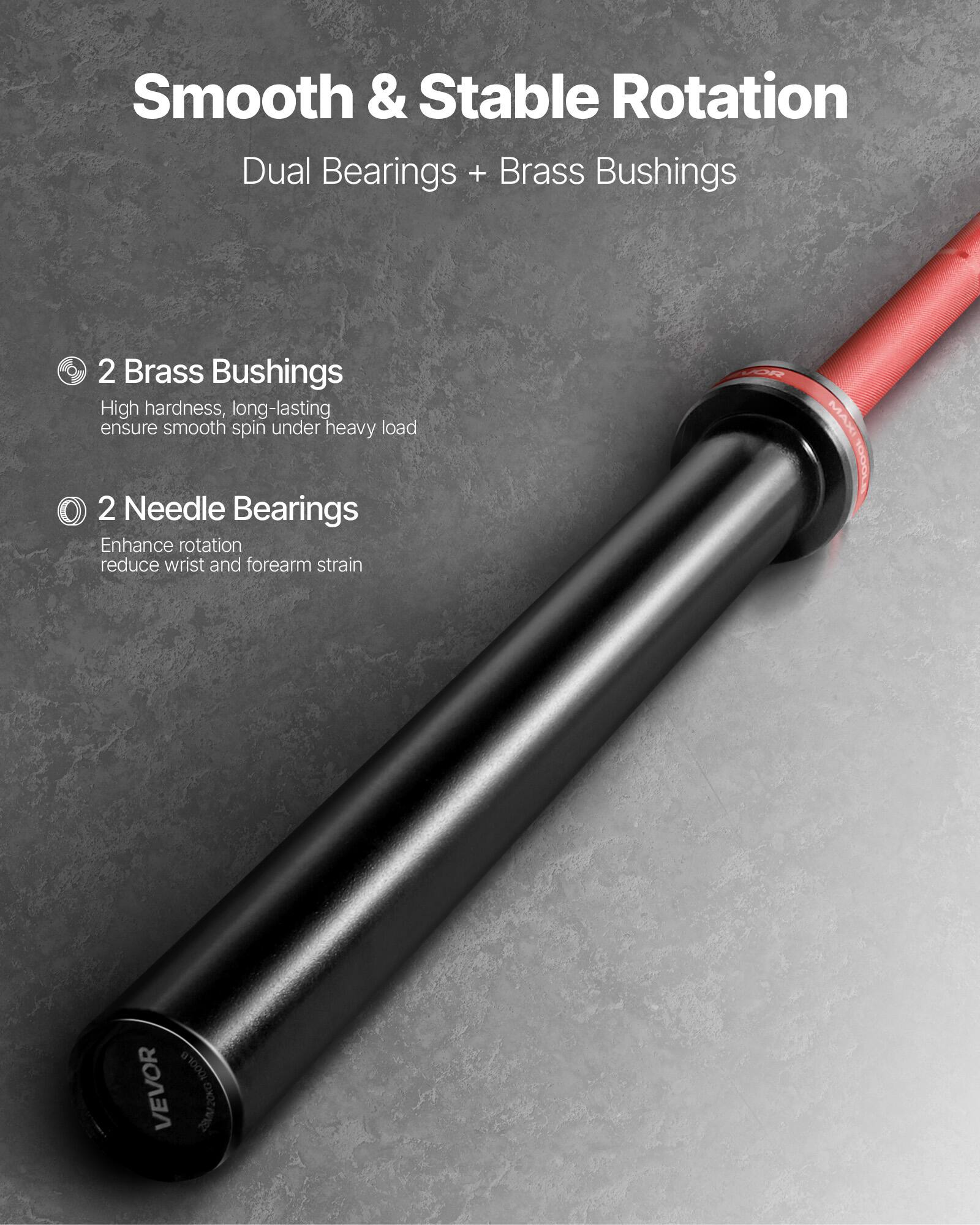 Smooth & Stable Rotation  
Dual Bearings + Brass Bushings  

2 Brass Bushings  
High hardness, long-lasting ensure smooth spin under heavy load  

2 Needle Bearings  
Enhance rotation reduce wrist and forearm strain  

MAXI HOOOLE 10OOLD VEVOR ONIVVED