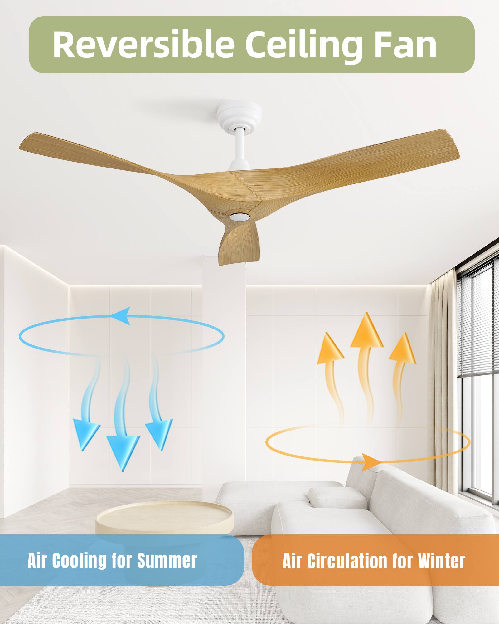 Reversible Ceiling Fan

Air Cooling for Summer

Air Circulation for Winter
