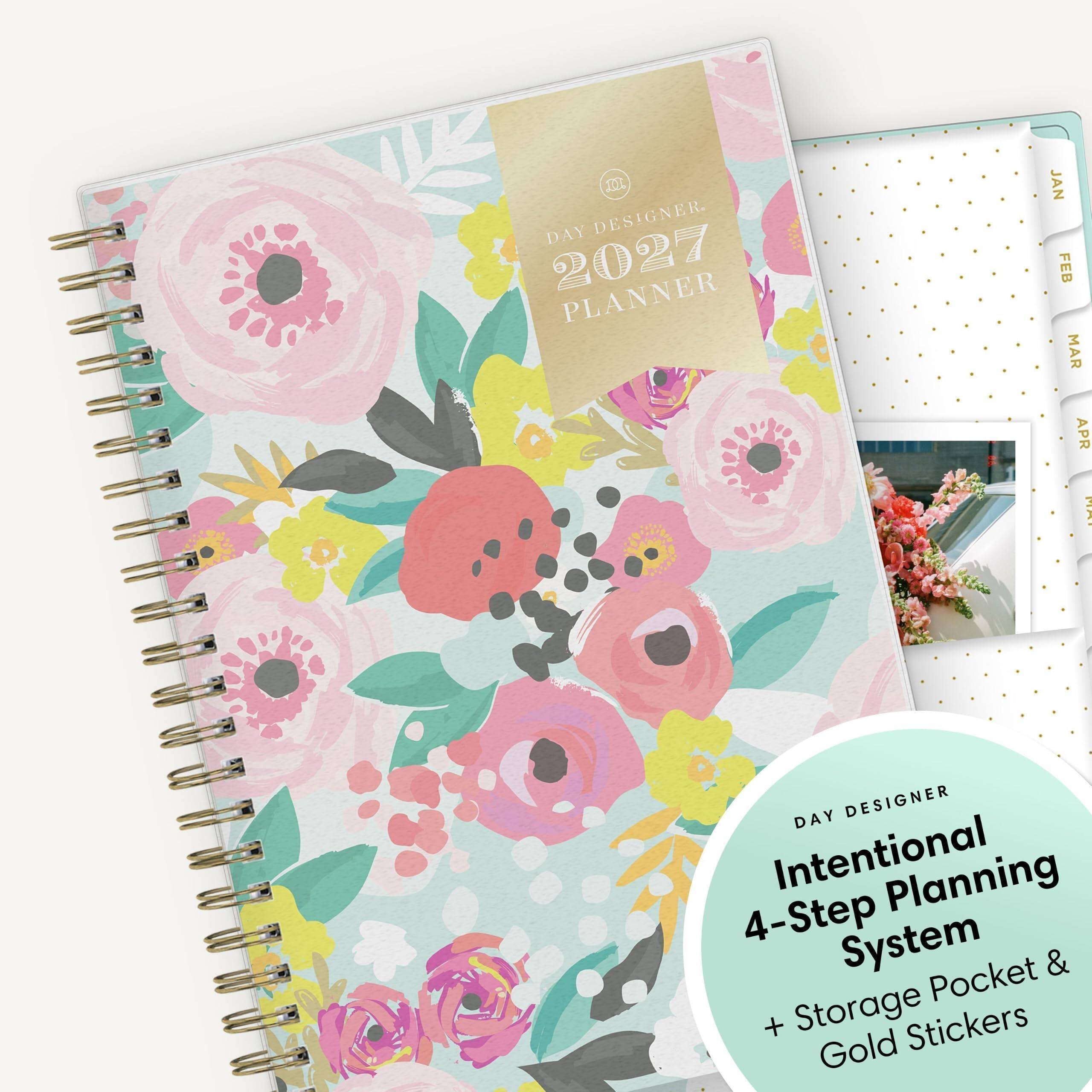 M DAY DESIGNER. 2027 PLANNER  
JAN FEB MAR APR  
DAY DESIGNER Intentional Planning 4-Step System Pocket & + Storage Stickers Gold