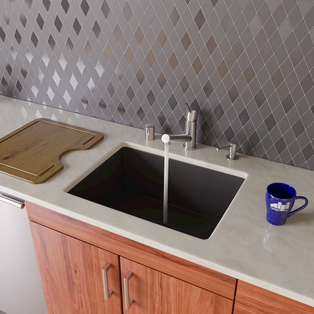 Angle. Alfi - Black 24" Undermount Single Bowl Granite Composite Kitchen Sink - Black.