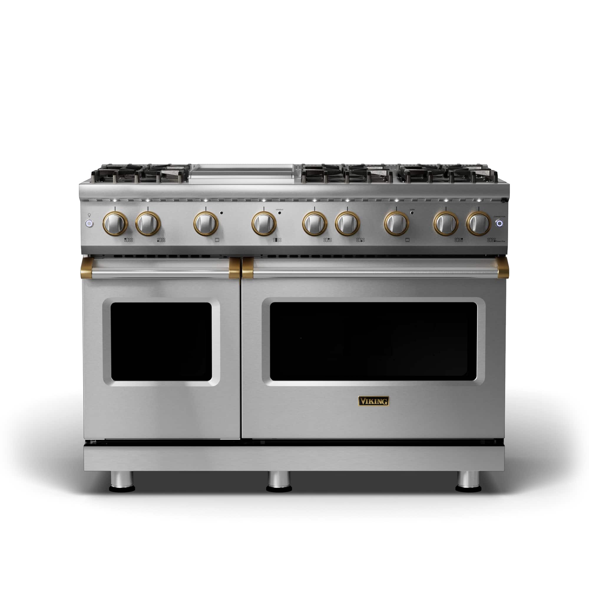 Front. Viking - 5-Series Dual Fuel Self-Clean 48"W Sealed Burner Range - Stainless with Brushed Brass Accents.