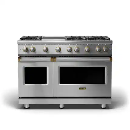 Front. Viking - 5-Series Dual Fuel Self-Clean 48"W Sealed Burner Range - Stainless with Brushed Brass Accents.
