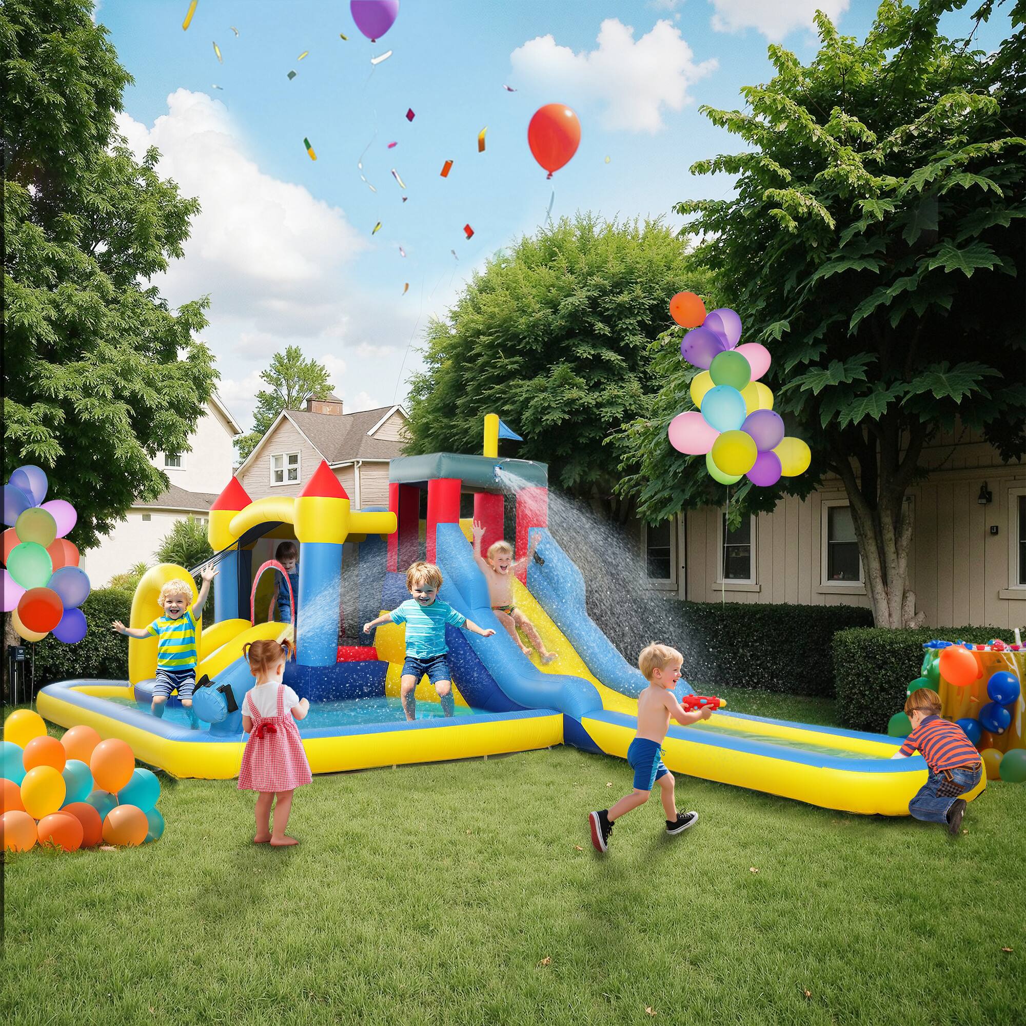 Angle. Qaba - Inflatable Water Slide Park, 550W Blower, Splash Pools, 2 Slides, Trampoline, Climbing Wall, Cannon, Backyard, Party.