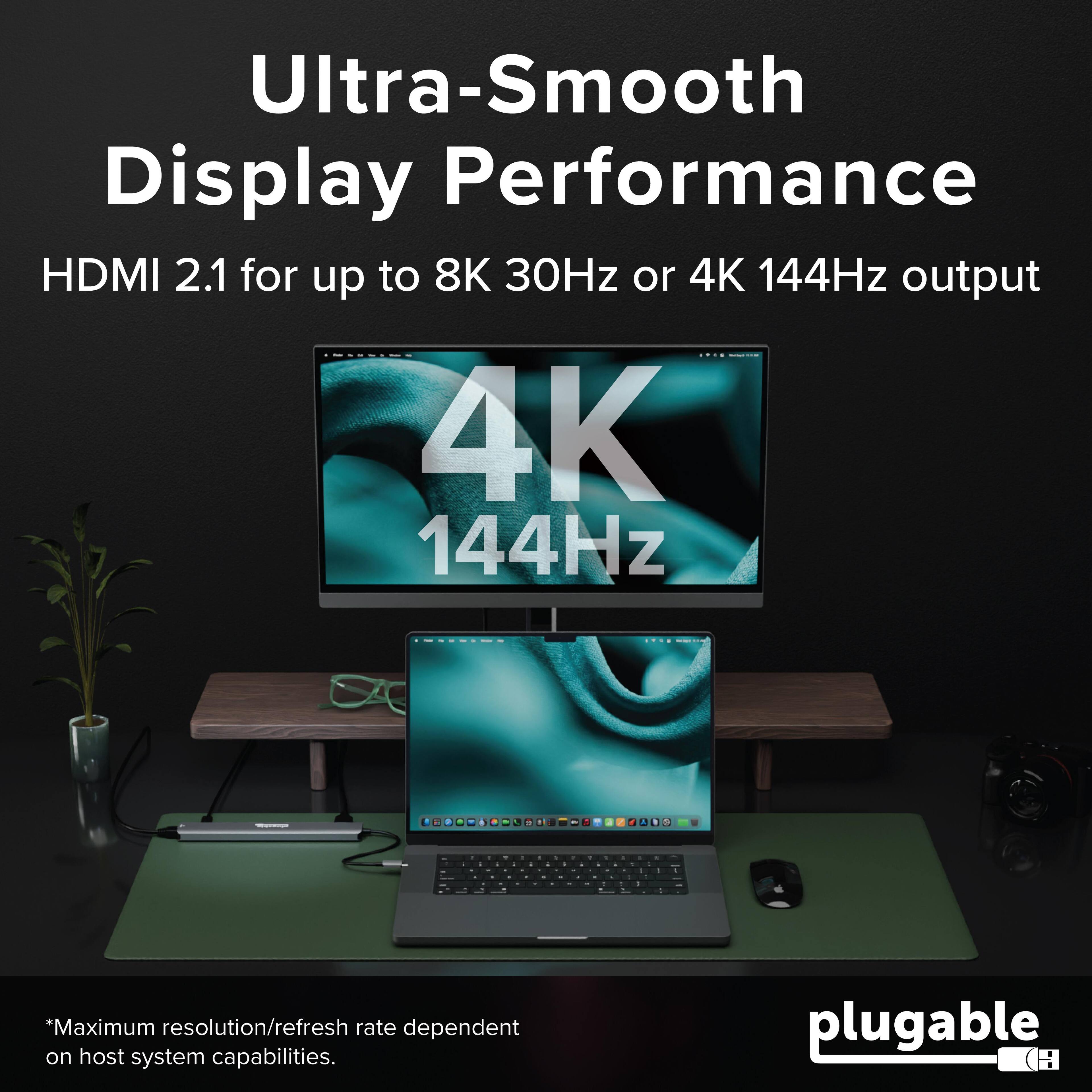 Ultra-Smooth Display Performance  
HDMI 2.1 for up to 8K 30Hz or 4K 144Hz output  

*Maximum resolution/refresh rate dependent on host system capabilities.  

plugable