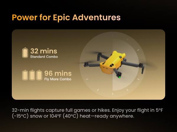Power for Epic Adventures

32 mins  
Standard Combo

96 mins  
Fly More Combo

32-min flights capture full games or hikes. Enjoy your flight in 5°F (-15°C) snow or 104°F (40°C) heat—ready anywhere.