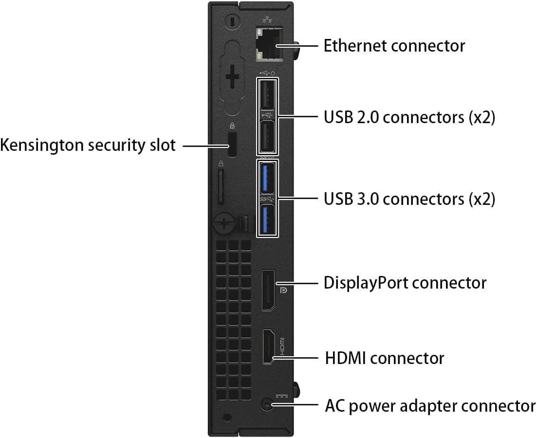 - Ethernet connector
- Kensington security slot
- USB 2.0 connectors (x2)
- USB 3.0 connectors (x2)
- DisplayPort connector
- HDMI connector
- AC power adapter connector