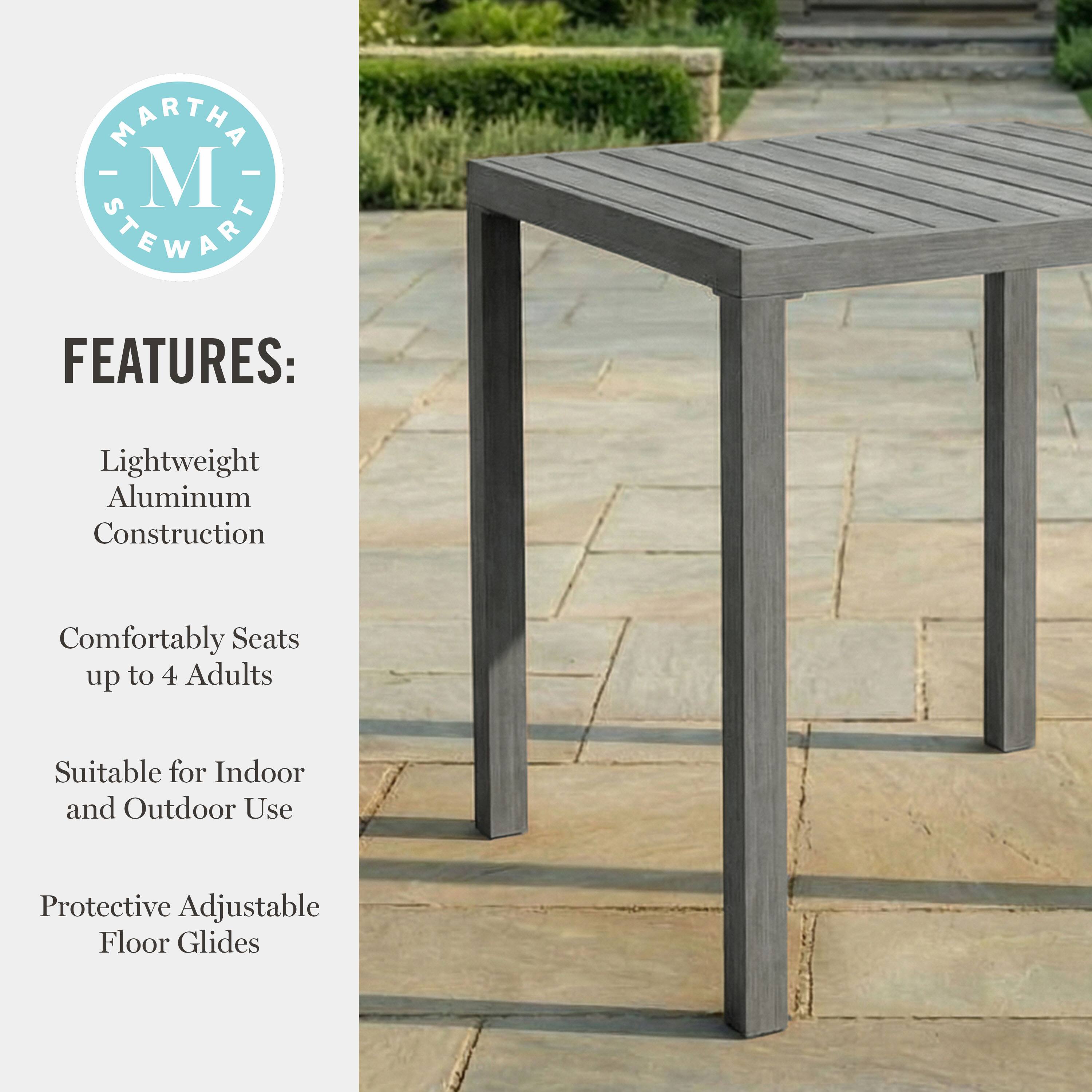 MARTHA STEWART FEATURES: Lightweight Aluminum Construction Comfortably Seats up to 4 Adults Suitable for Indoor and Outdoor Use Protective Adjustable Floor Glides