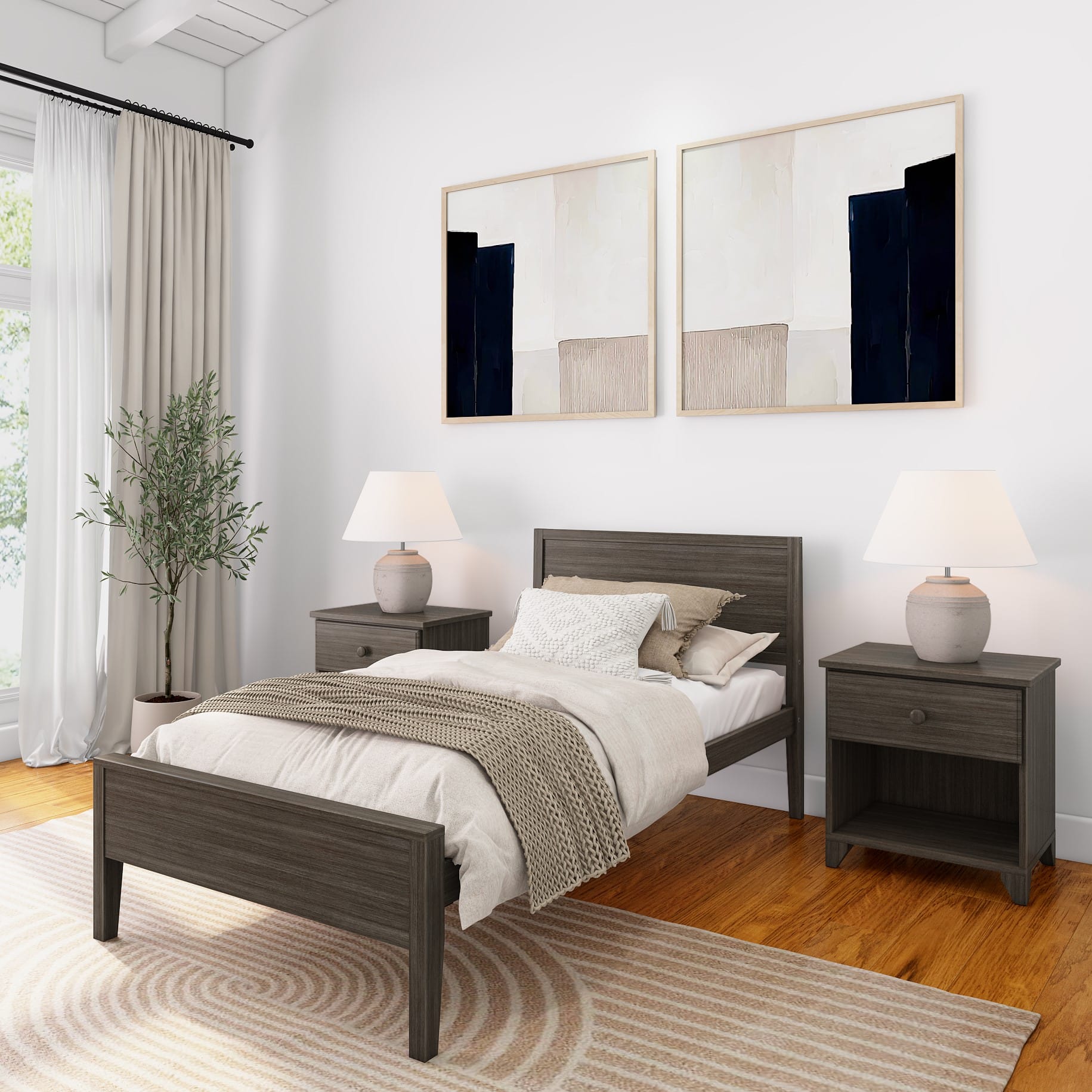 Plank+Beam - Twin-Size Bed with Panel Headboard, Clay - Clay