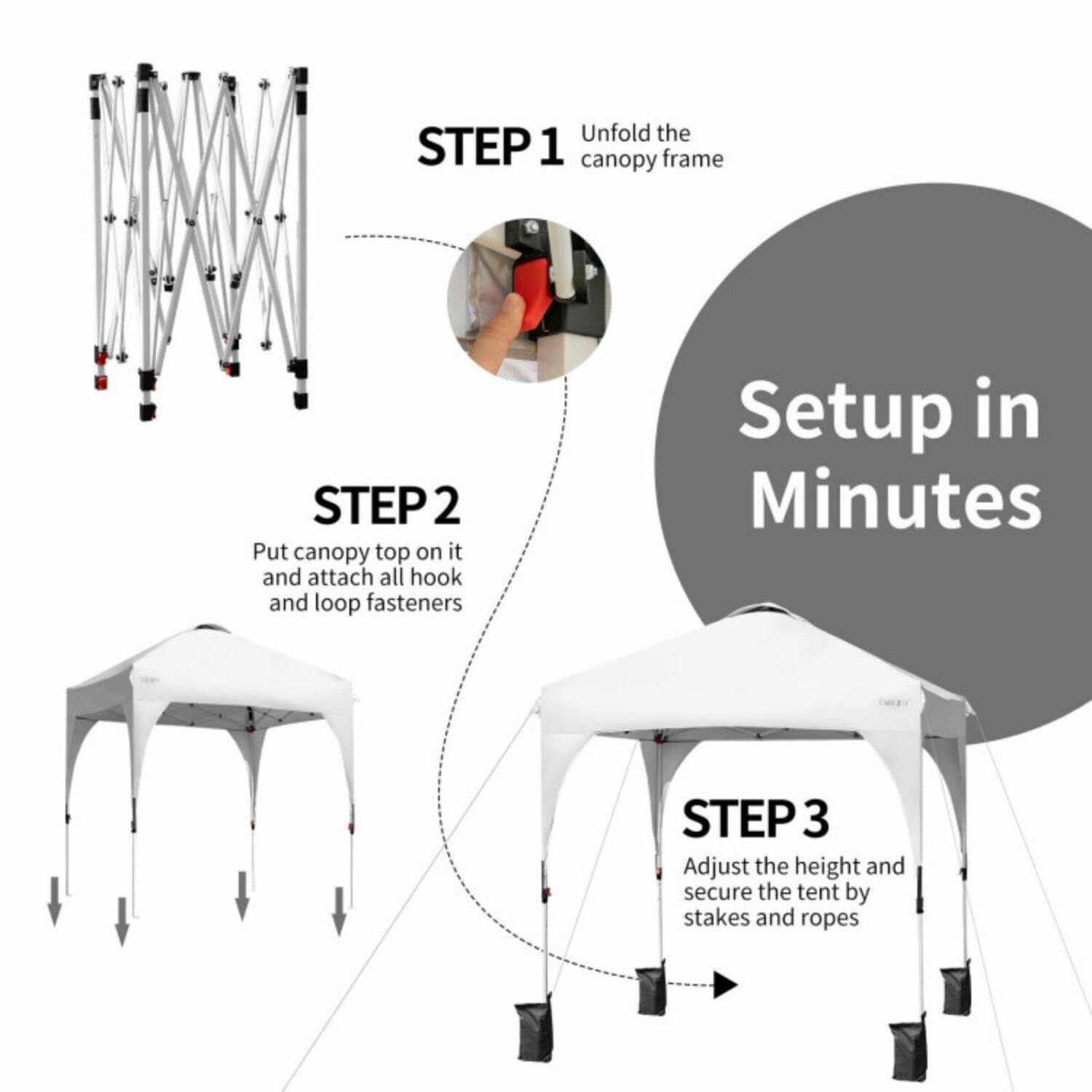 1. Unfold the canopy frame  
2. Put the canopy top on it and attach all hook and loop fasteners  
3. Adjust the height and secure the tent by stakes and ropes  

Setup in Minutes