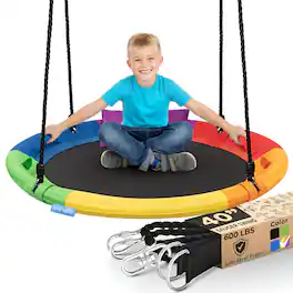 SereneLife - 40" Saucer Swing – Universal Hanging Kit, Outdoor Swing, 700 lbs, SLSWNG901RB - Rainbow
