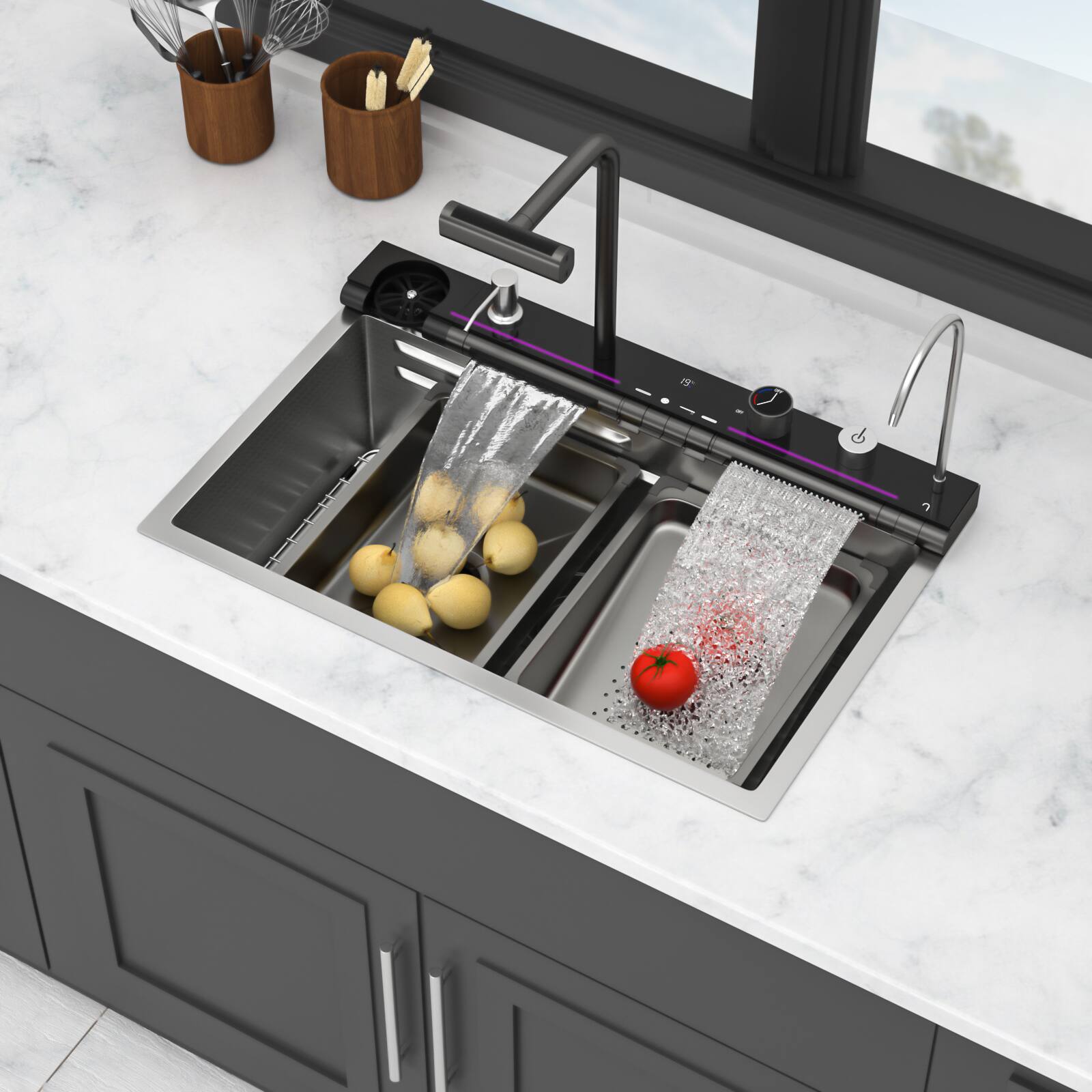 Left. Siljoy - Kitchen Sink Waterfall Sink - 30 x 19 x 9" Single Bowl 16 Gauge Steel Smart Digital Features Top Mount Kitchen Sinks - Brushed Nickel.