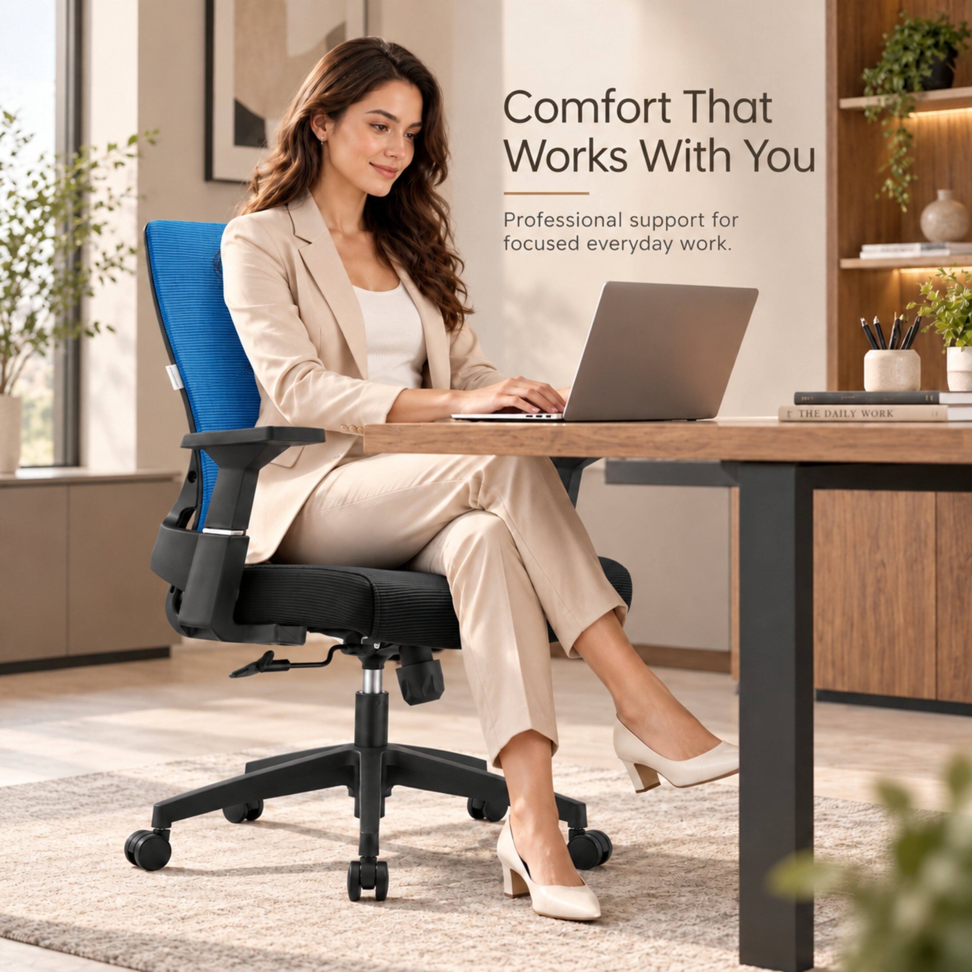 Comfort That Works With You  
Professional support for focused everyday work.  
DE  
THE DAILY WORK