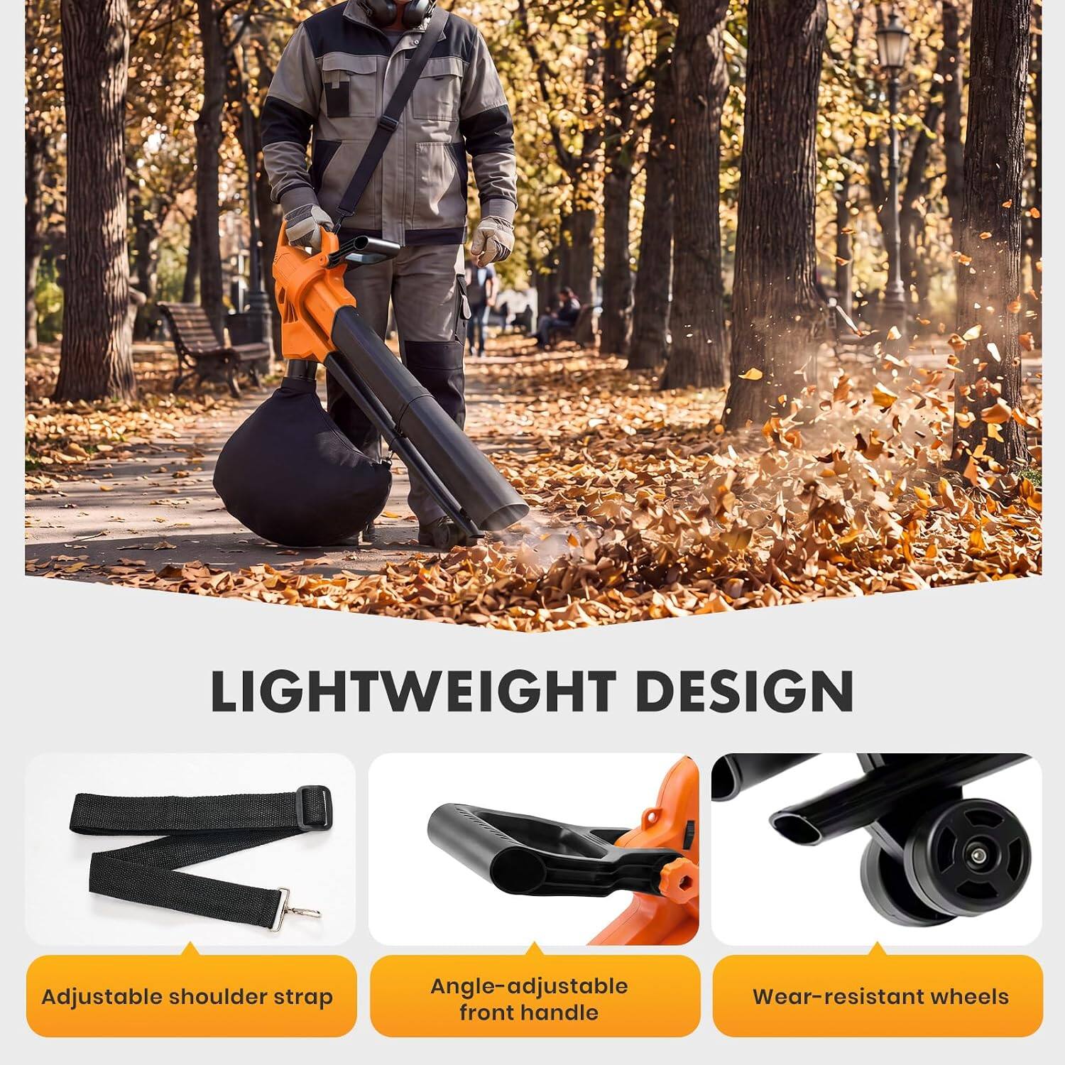LIGHTWEIGHT DESIGN

Adjustable shoulder strap

Angle-adjustable front handle

Wear-resistant wheels