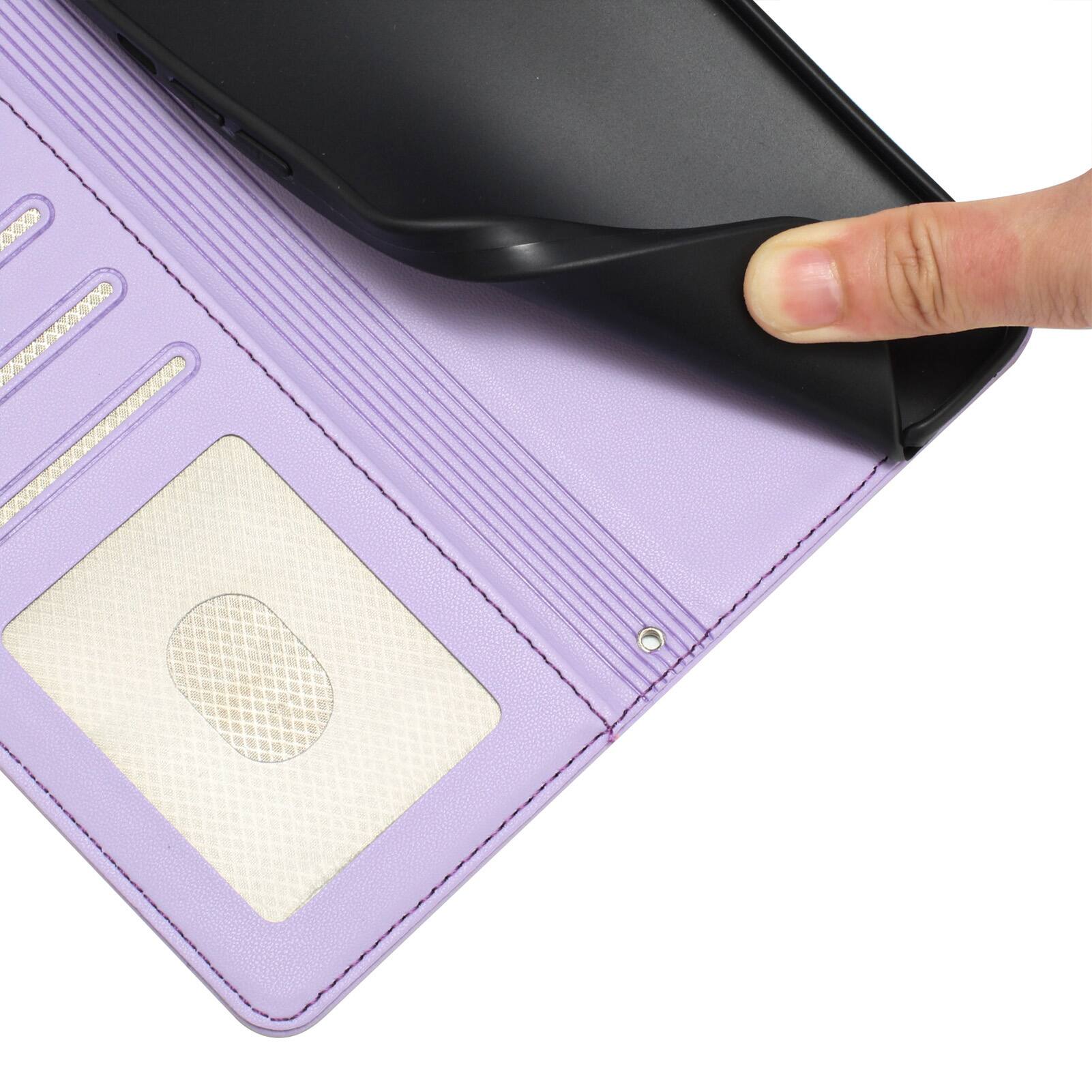Left. Dteck - Cat Pattern Crossbody Wallet Case for Samsung Galaxy A37 5G with Card Slots, RFID PU Leather Protective Stand Cover - Purple.