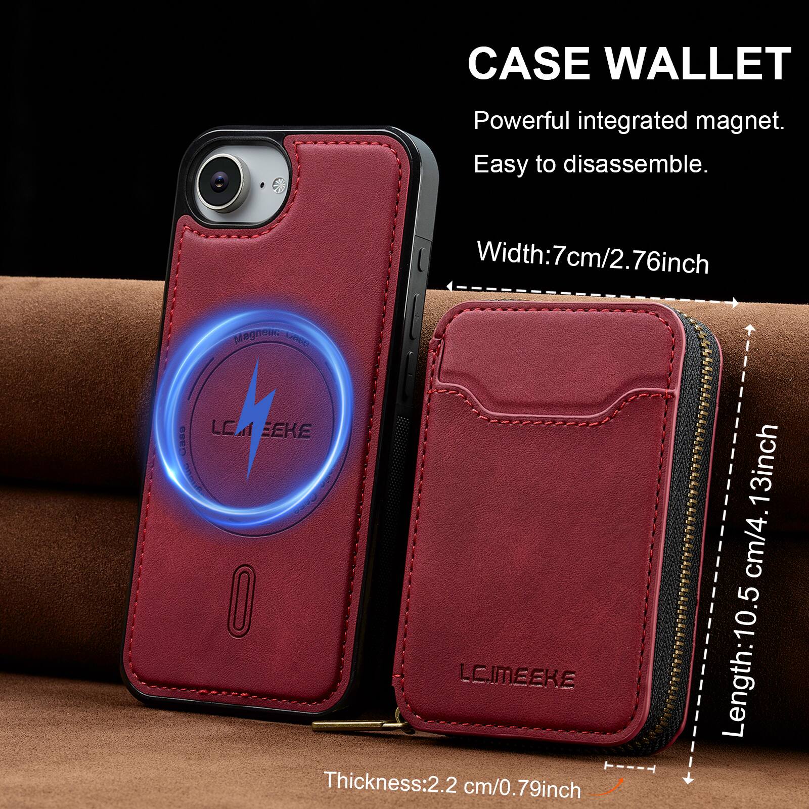 CASE WALLET  
Powerful integrated magnet.  
Easy to disassemble.  

Width: 7cm/2.76inch  
Length: 10.5cm/4.13inch  
Thickness: 2.2cm/0.79inch