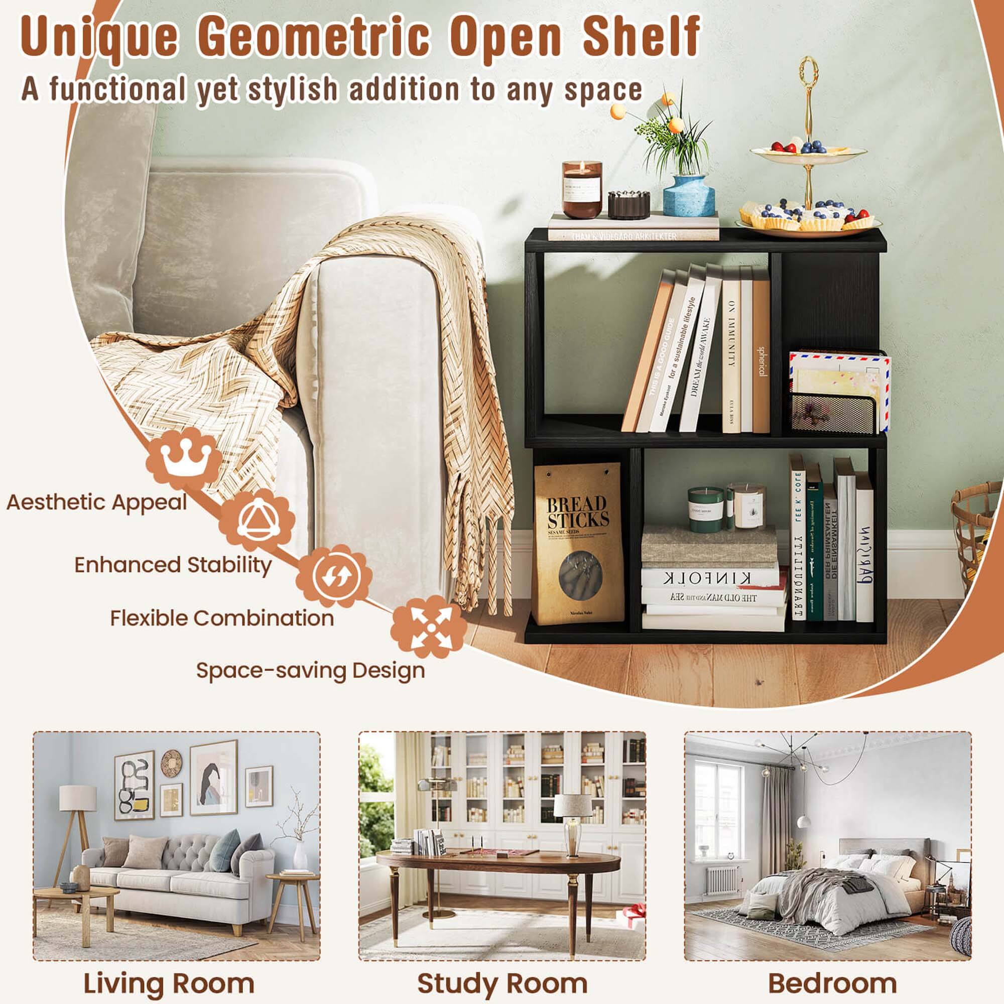 Unique Geometric Open Shelf: A functional yet stylish addition to any space. Featuring a circular design, it offers aesthetic appeal, enhanced stability, and a flexible combination of shelves and drawers. This space-saving design is perfect for any room in the house, including the living room, study room, and bedroom.
