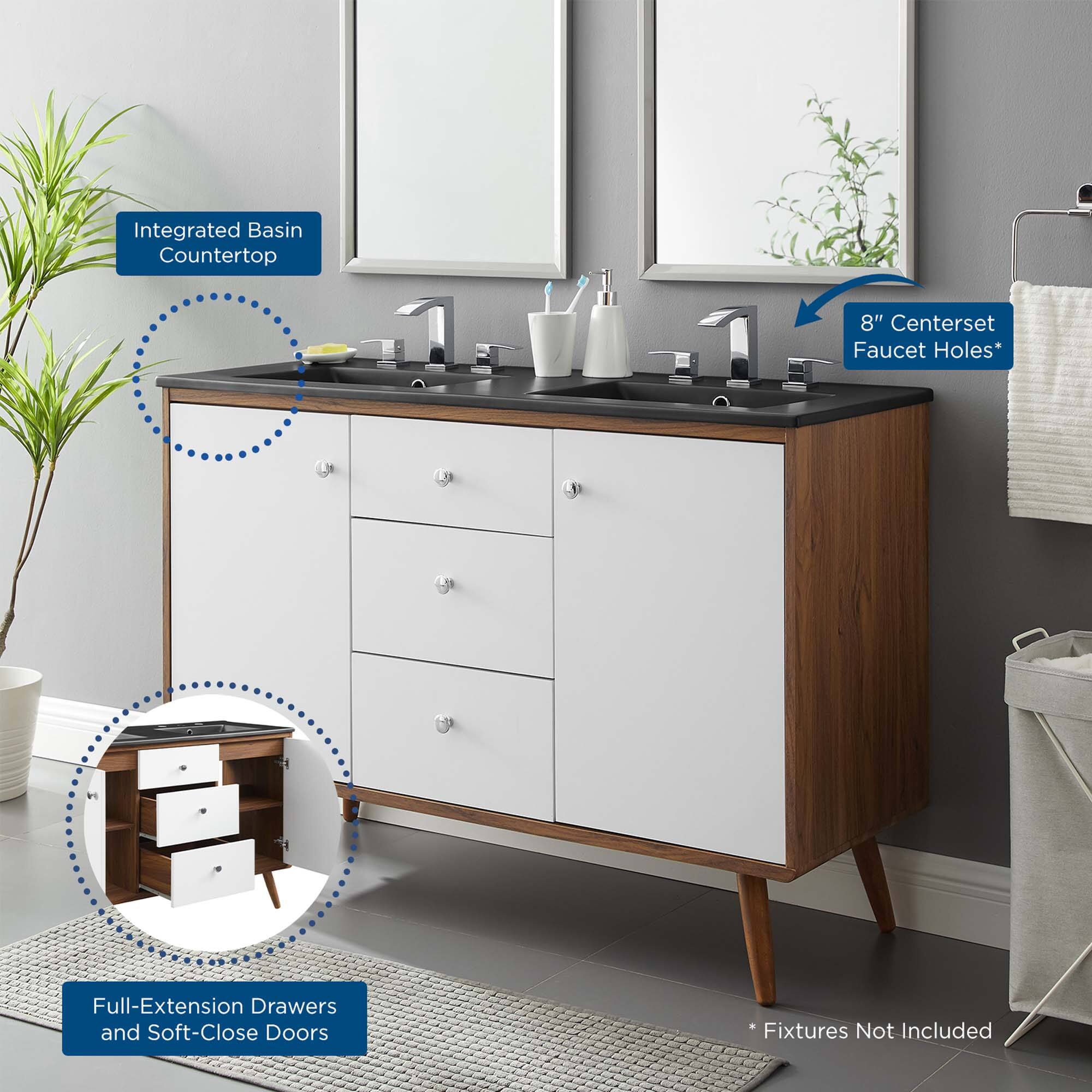 Integrated Basin Countertop  
8" Centerset Faucet Holes*  
Full-Extension Drawers and Soft-Close Doors  
Fixtures Not Included
