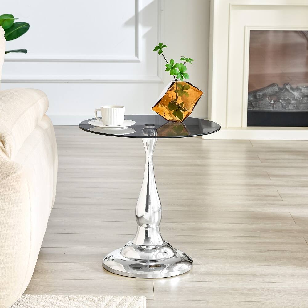 Alt View 2. Loheer - Loheer Small Metal Side Table Silver Round Glass Top End Table - Silver.